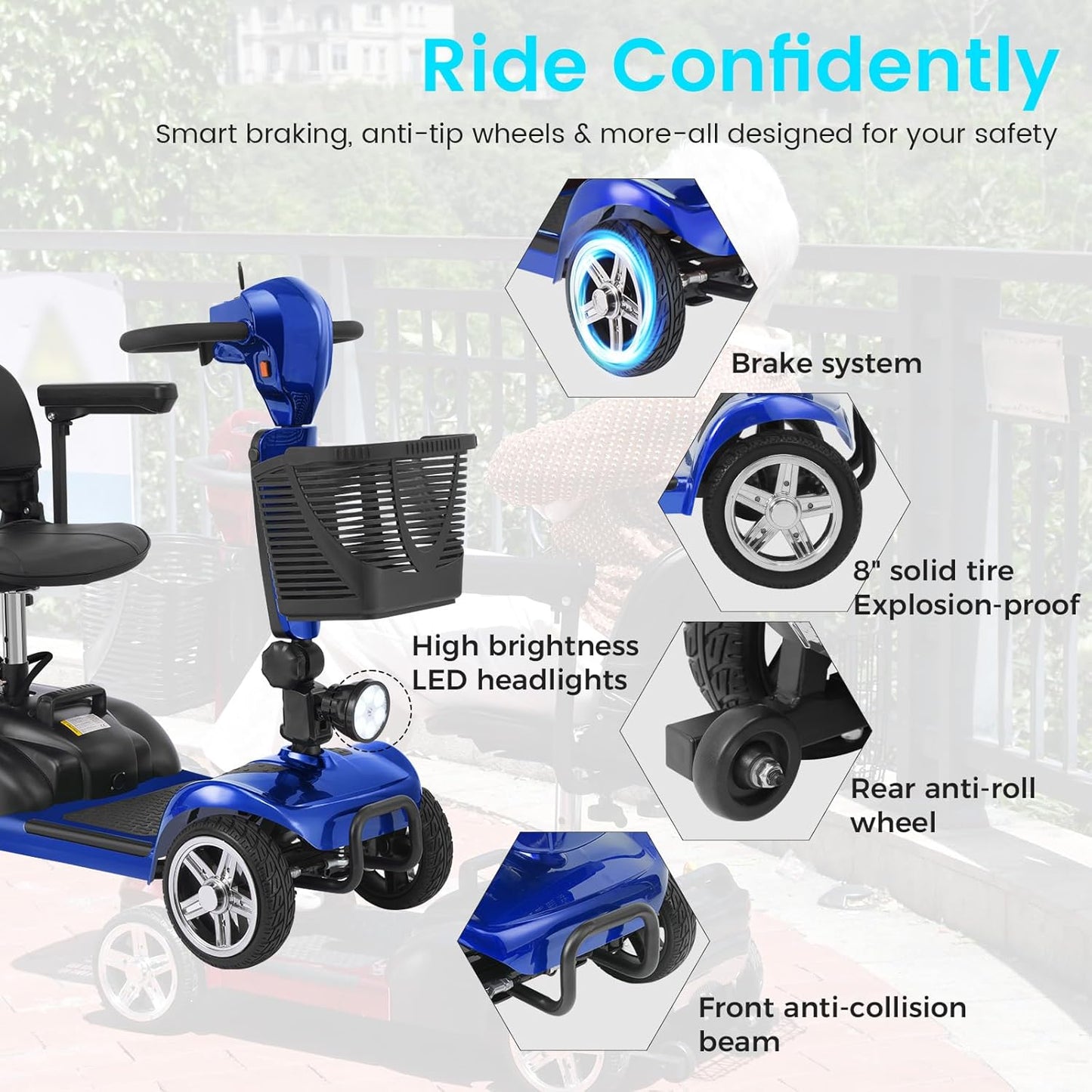 4 Wheel Mobility Scooter for Seniors&Adults - Up to 15 Miles Range,Foldable Powered Electric Wheelchair Device w/600WH Battery,Only 58 lb Weight, Dual Basket, 300 lb Capacity, Compact