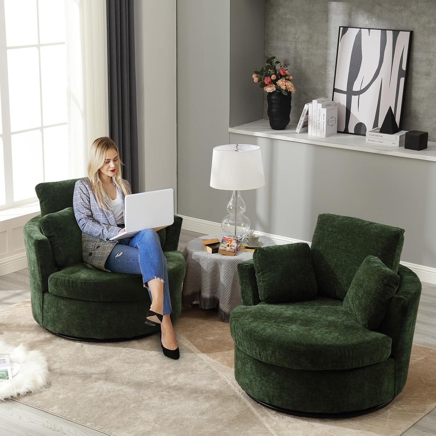 Swivel Barrel Chair Set of 2, Modern Fabric Oversized 360 Degree Club Accent Arm Chairs, Single Round Living Room Sofa Chair w/ 3 Pillows for Nursery, Bedroom, Reading, Office, Ivory