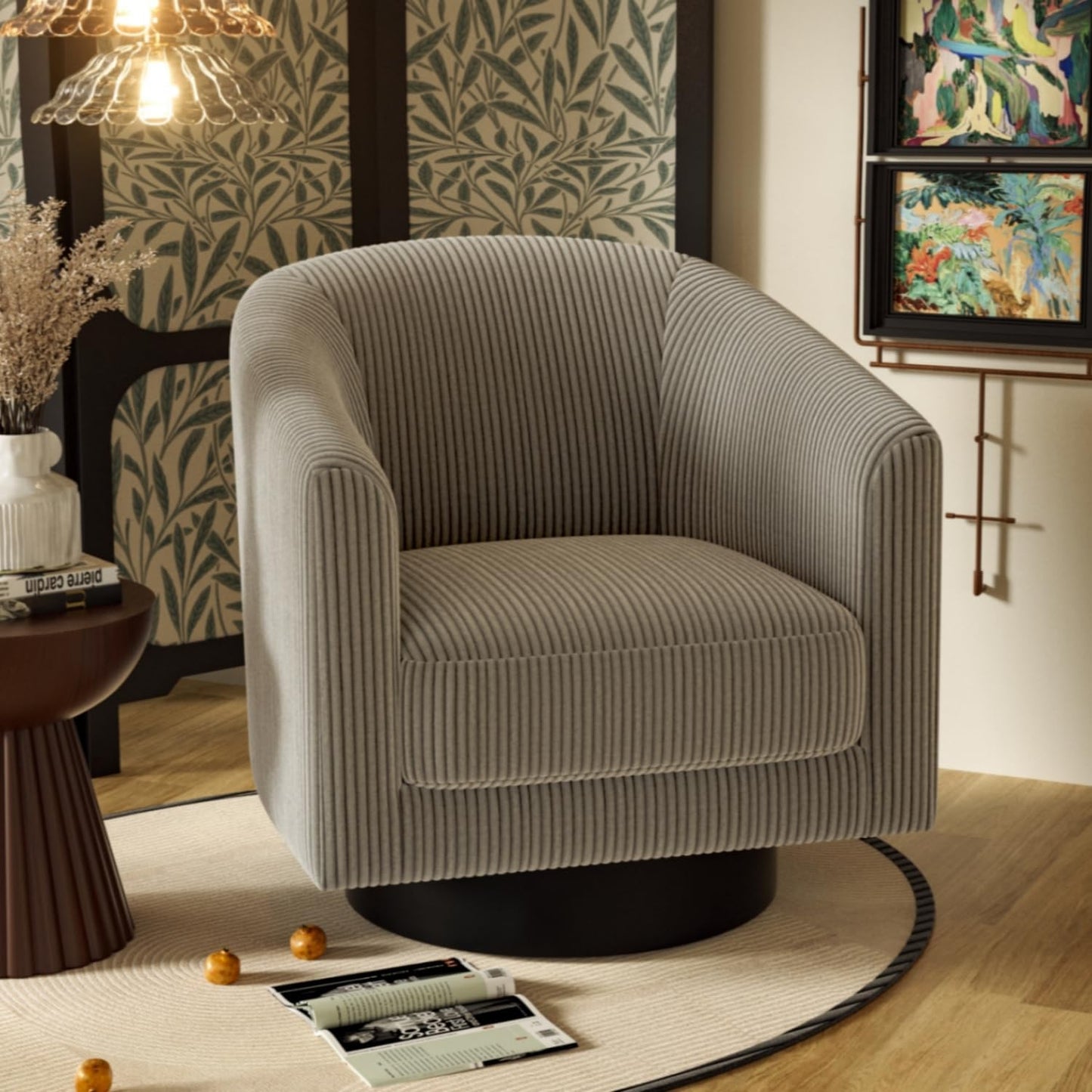 Swivel Accent Chairs Set of 2, 360° Bucket Chair, Modern Upholstered Barrel Armchair, Comfy Corduroy Single Sofa for Living Room Bedroom. Forest Green
