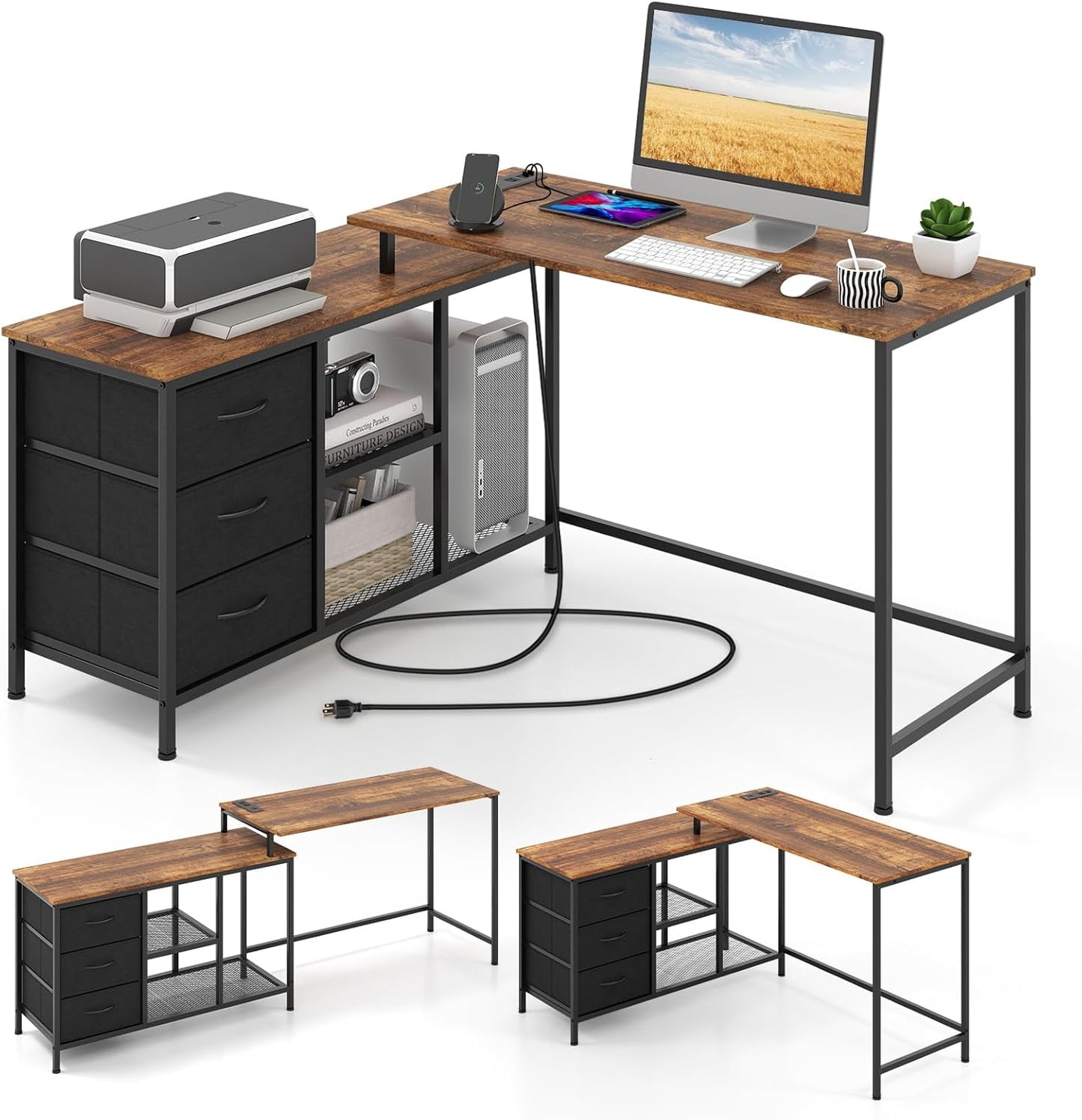 Tangkula 81 Inch L-Shaped Desk with Power Outlet, Convertible Corner Desk with Drawers & Shelves, Office Desk for Working, Studying, Gaming (Black)
