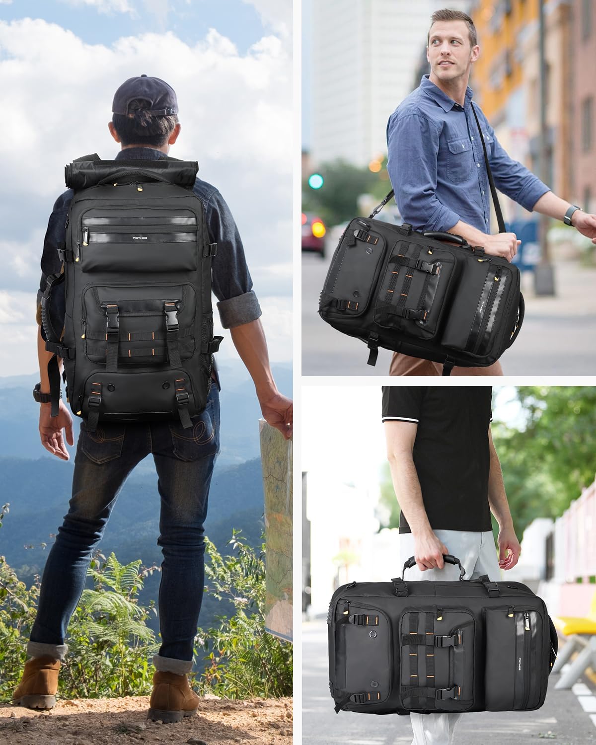 Travel Backpack for Men, 50L Carry On Flight Approved Convertible Duffle Bag with Shoe Compartment, 17 inch Laptop Luggage with USB Charging Port for Weekender Hiking, Black