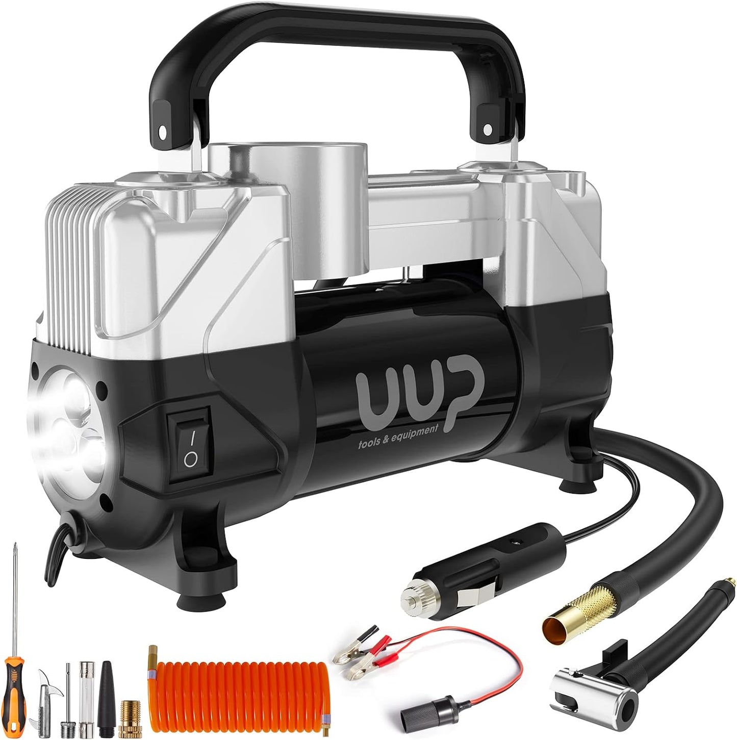 Tire Inflator Air Compressor, 150PSI 12V DC Double Cylinders Heavy Duty Portable Air Pump w/Emergency LED Light for Truck, SUV, Car, RV