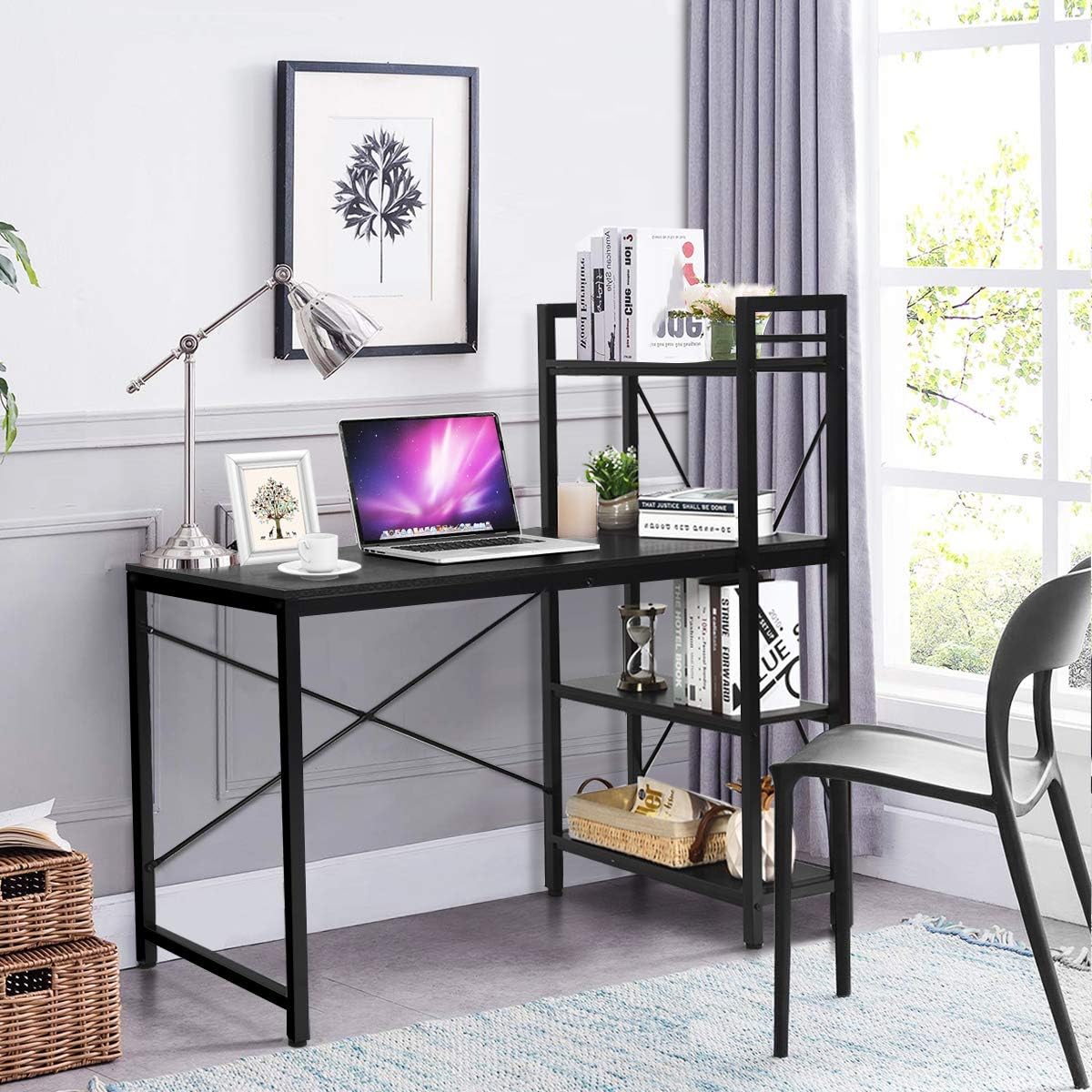 Tangkula Computer Desk with 4 Tier Shelves, Study Writing Table with Storage Bookshelves, Modern Compact Home Office Workstation, 47.5" Tower Desk with Steel Frame & Adjustable Feet Pad, Black