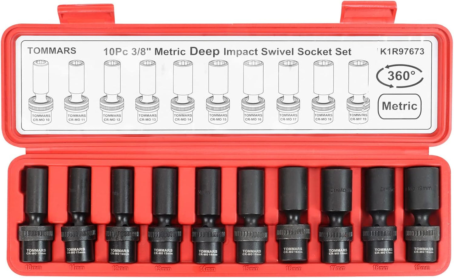 TOMMARS 3/8" Drive Universal Swivel Impact Socket Set Deep, 6 Point Wobble Flexible Socket Set Metric 10-19 mm CR-MO Steel