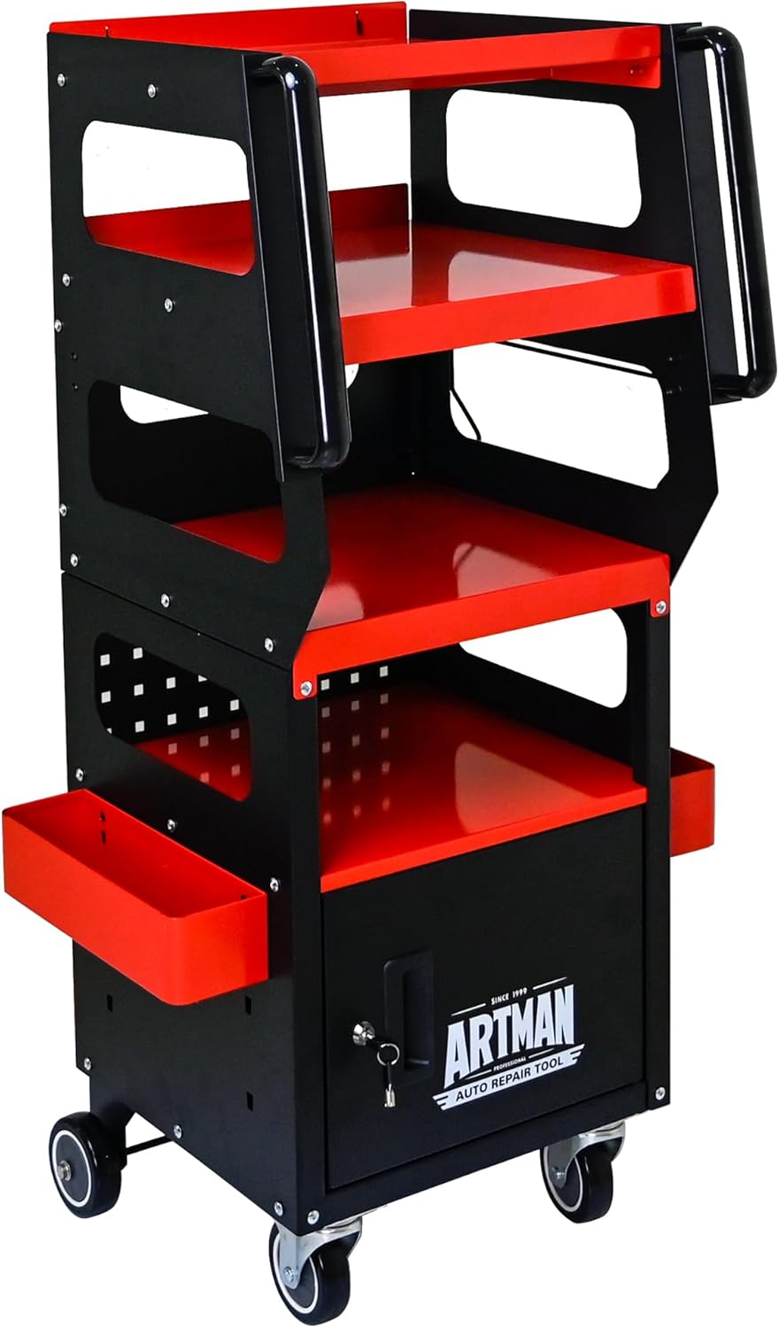 4-Tier 1-Cabinet Tool Cart on Wheels, Multifunctional Rolling Tool Chest Tool Storage with Key Lock and Handle, Rolling Tool Trolley Organizer Tool Case for Workshop, Diagnostics(Black+Red)