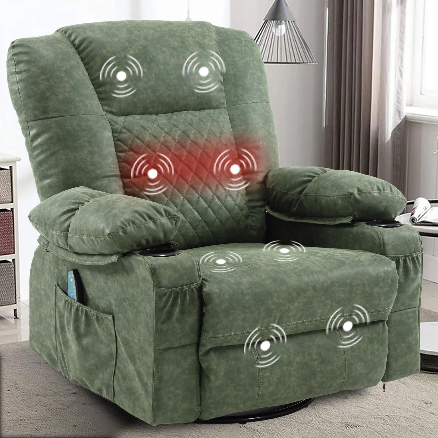Swivel Rocker Recliner Chair for Adults with Vibration Massage, Overstuffed Soft Fabric Recliner with Lumbar Heat, Modern Manual Rocking Recliner with Cup Holders, for Living Room, Home Theater, Grey