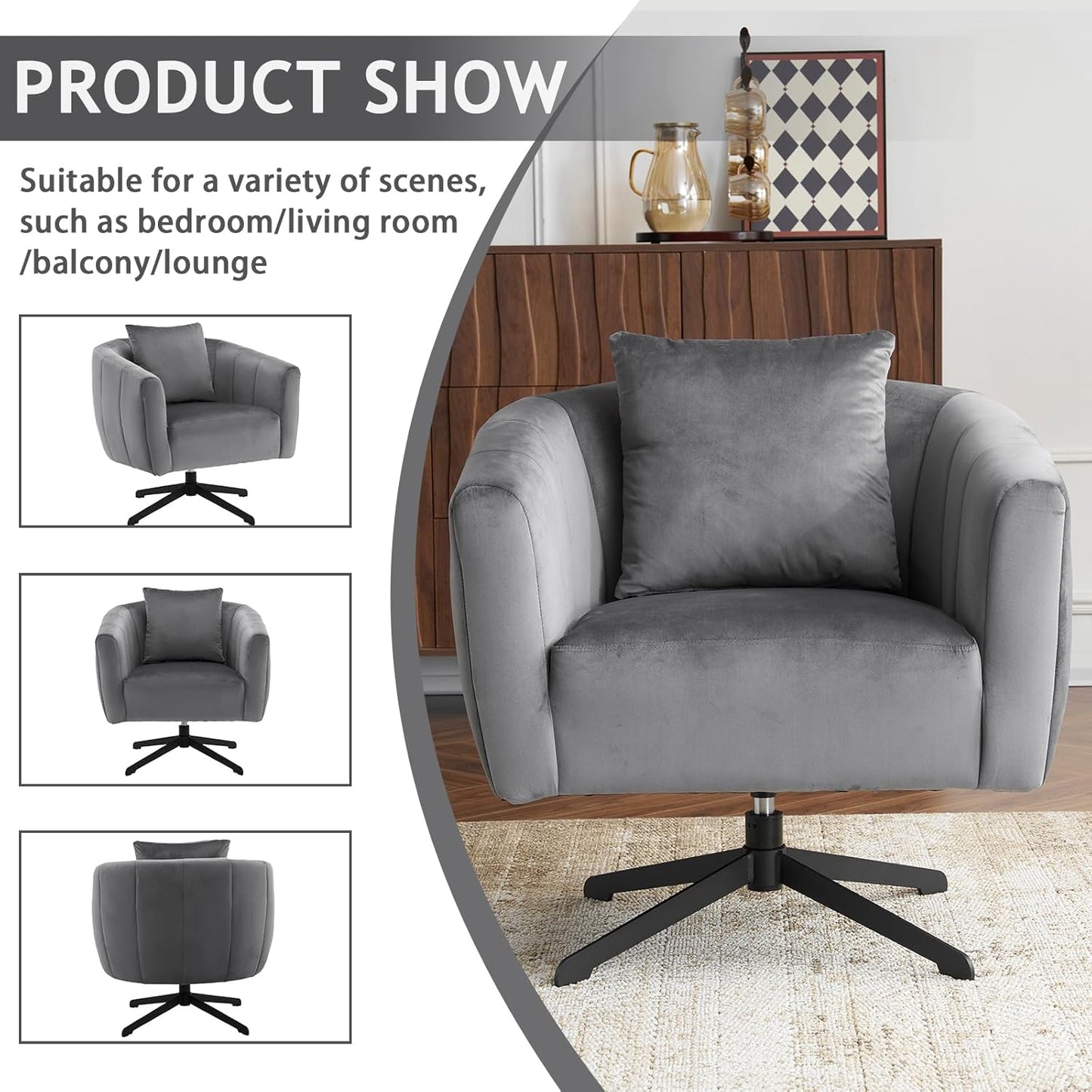 360°Swivel Accent Chair Set of 2, Modern Velvet Fabric Living Room Armchair,Reading Chair with Comfy Upholstered Fluffy Cushions & Metal Legs, Barrel Chairs for Bedroom/Lounge/Office,Grey