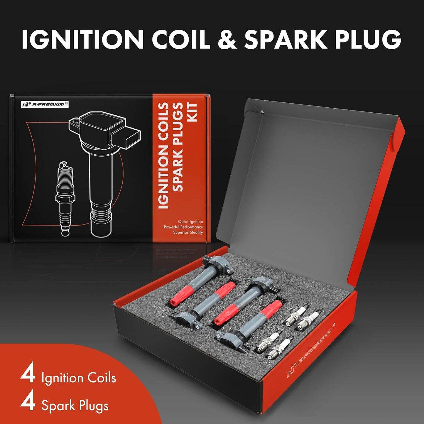 A-Premium Set of 4 Ignition Coil Pack and Iridium Spark Plugs Compatible with Mitsubishi Outlander 2010-2013, Lancer 2009-2010 2013-2015, 2.4L