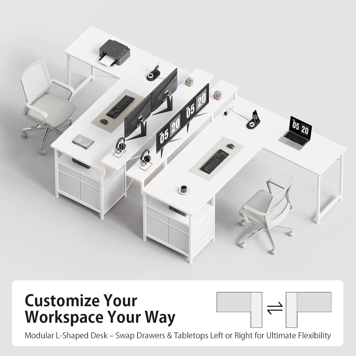 63" Gaming Desk with LED Lights, L Shaped Desk with Monitor Stand, Computer Desk with Drawers, PC Desk with Outlets, Office Desk with Monitor Stand, White