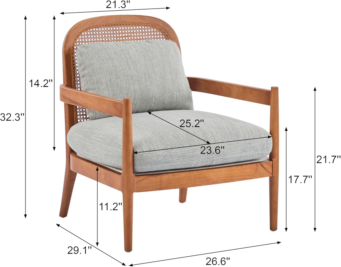 Accent Chairs Set of 2, Mid-Century Modern Accent Chair with Solid Wood Frame and Rattan Backrest, Comfy Armchairs for Living Room, Bedroom, Balcony (Grayish Green+Walnut)