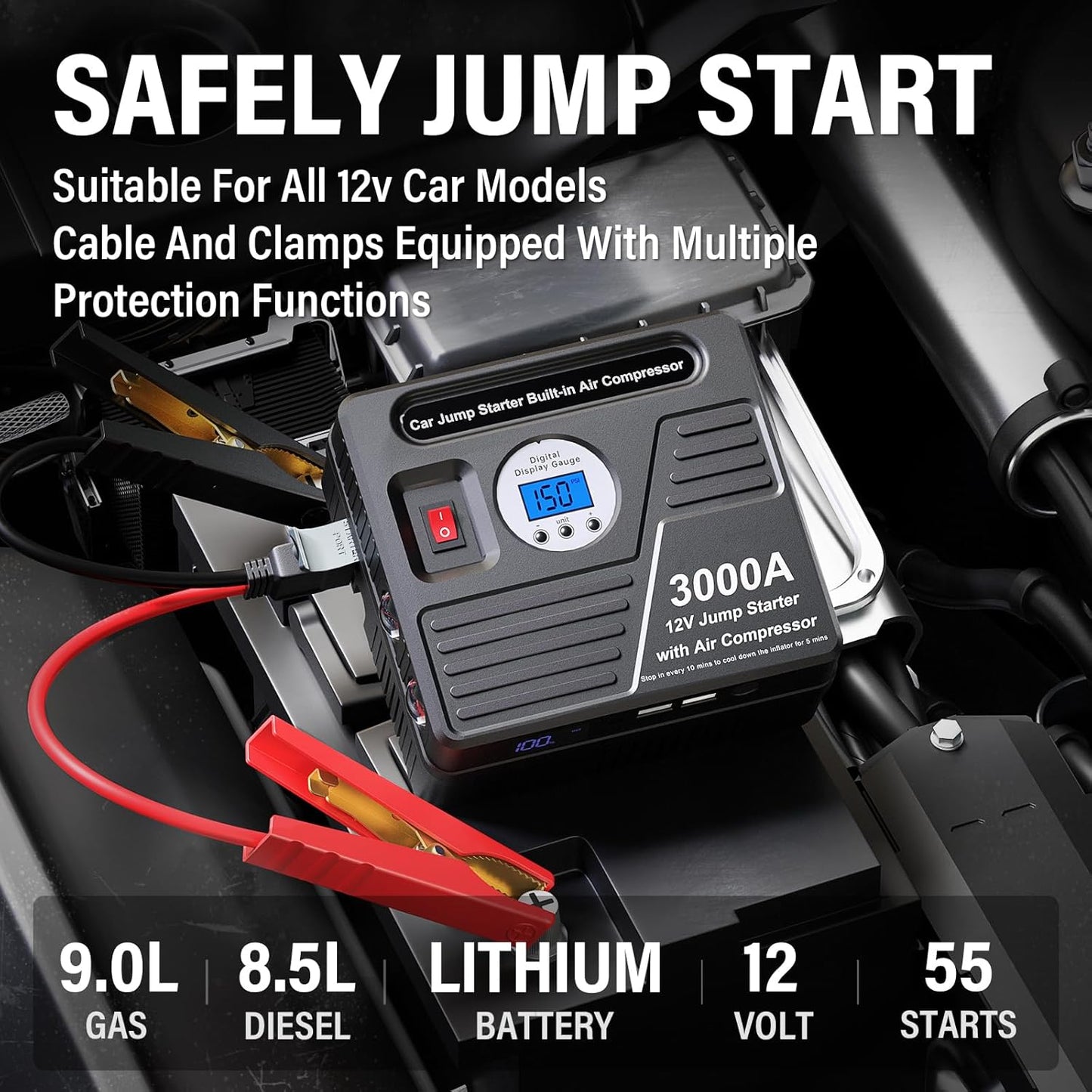 3000Amp Car Jump Starter with Air Compressor, 150PSI Tire Inflator with Digital Screen Pressure Gauge, 24000mAh 12V Auto Battery Booster (9.0L Gas/ 8.5LDiesel Engine), 2 USB Port 2 Light