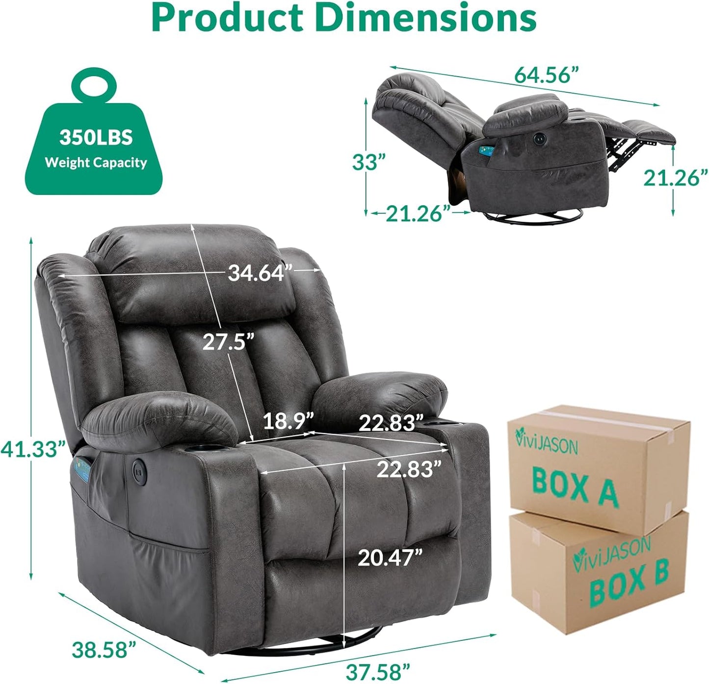 VIVIJASON Manual Swivel Rocking Glider Recliner Chair with Heat & Vibration Massage, 360° Swivel Overstuffed Reclining Chair with 2 Cup Holders, Side Pockets & USB Ports for Living Room, Gray