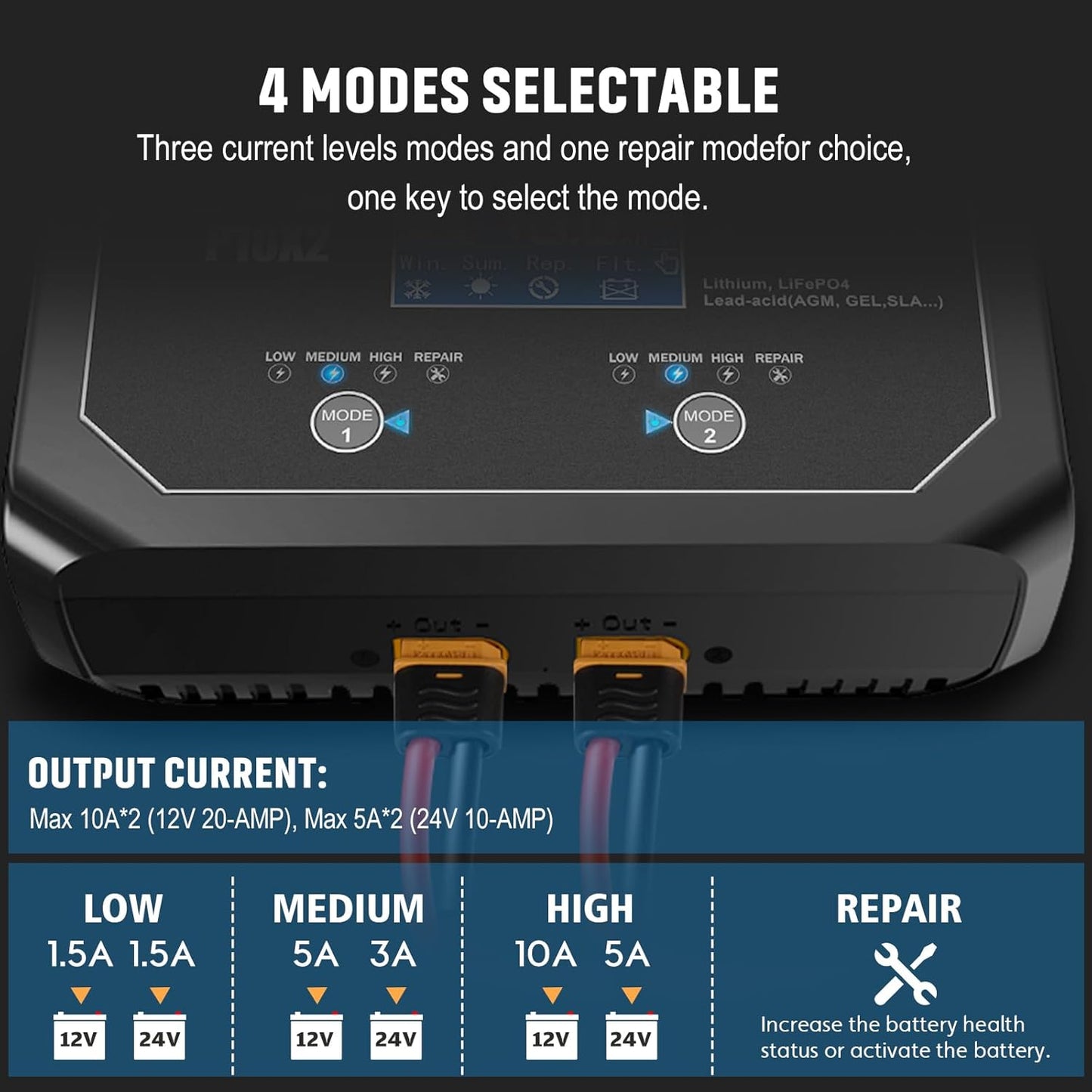 20-Amp (10 Amp 2 Bank) Dual Smart Marine Charger,Fully-Automatic Car Battery Charger,12V and 24V Lithium LiFePO4 Trickle Charger,Desulfator, Maintainer/Deep Cycle Charger for Cars,Boats,Motorcycles..