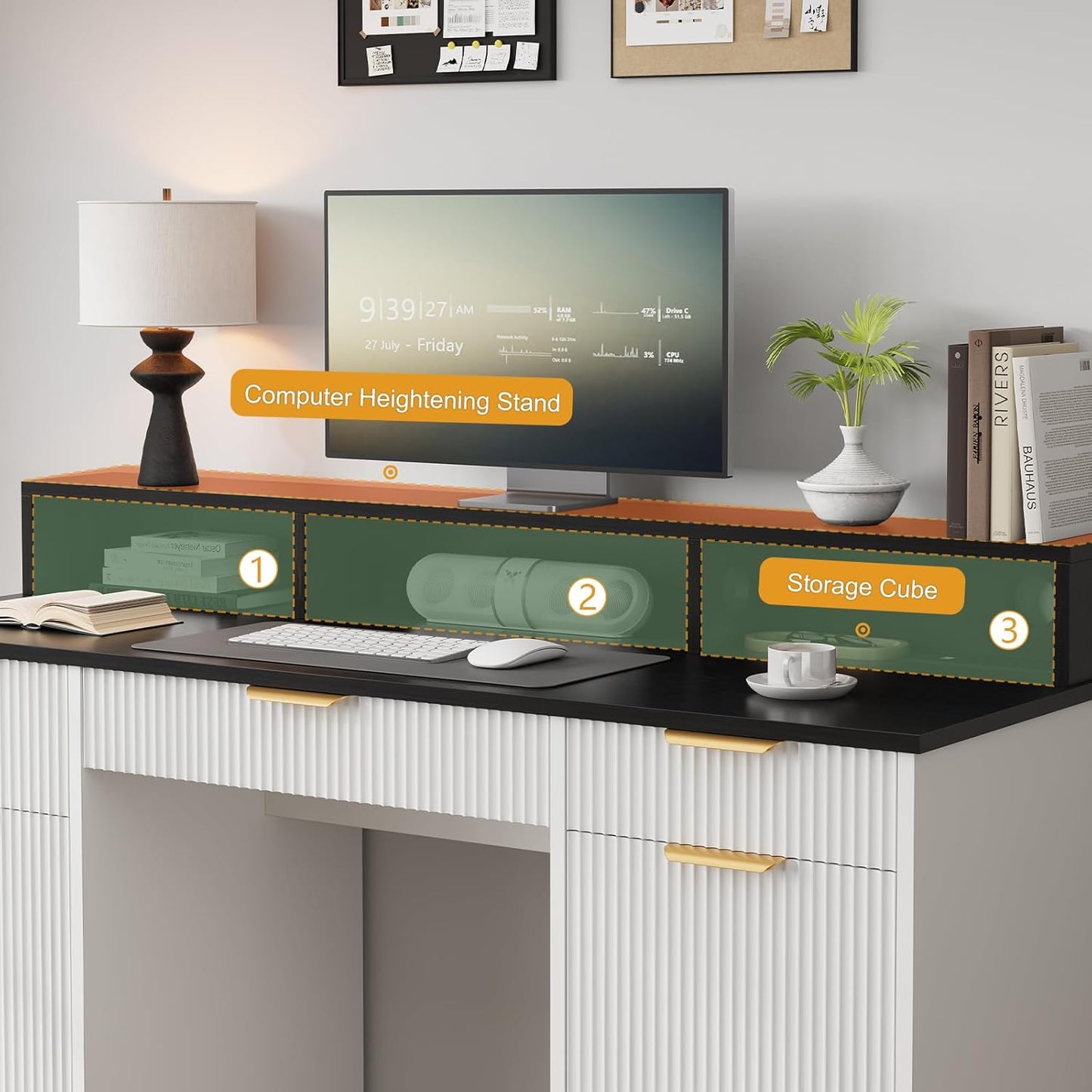 59" Executive Desk, Fluted Office Desk with Power Outlets Long Monitor Stand, Large Home Office Desks with 3 Drawers & 2 Storage Cabinet, Computer Writing Desk for Study Bedroom, White