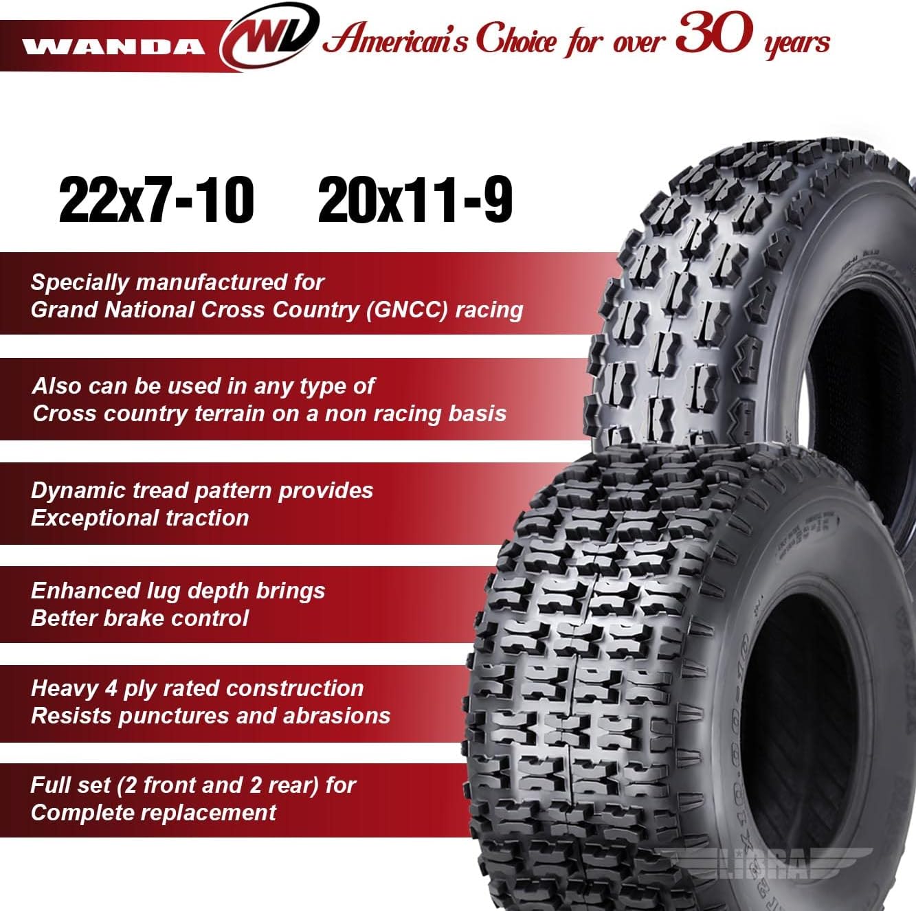 WANDA Set 4 Sport ATV tires 22x7-10 22x7x10 Front & 20x11-9 20x11x9 Rear