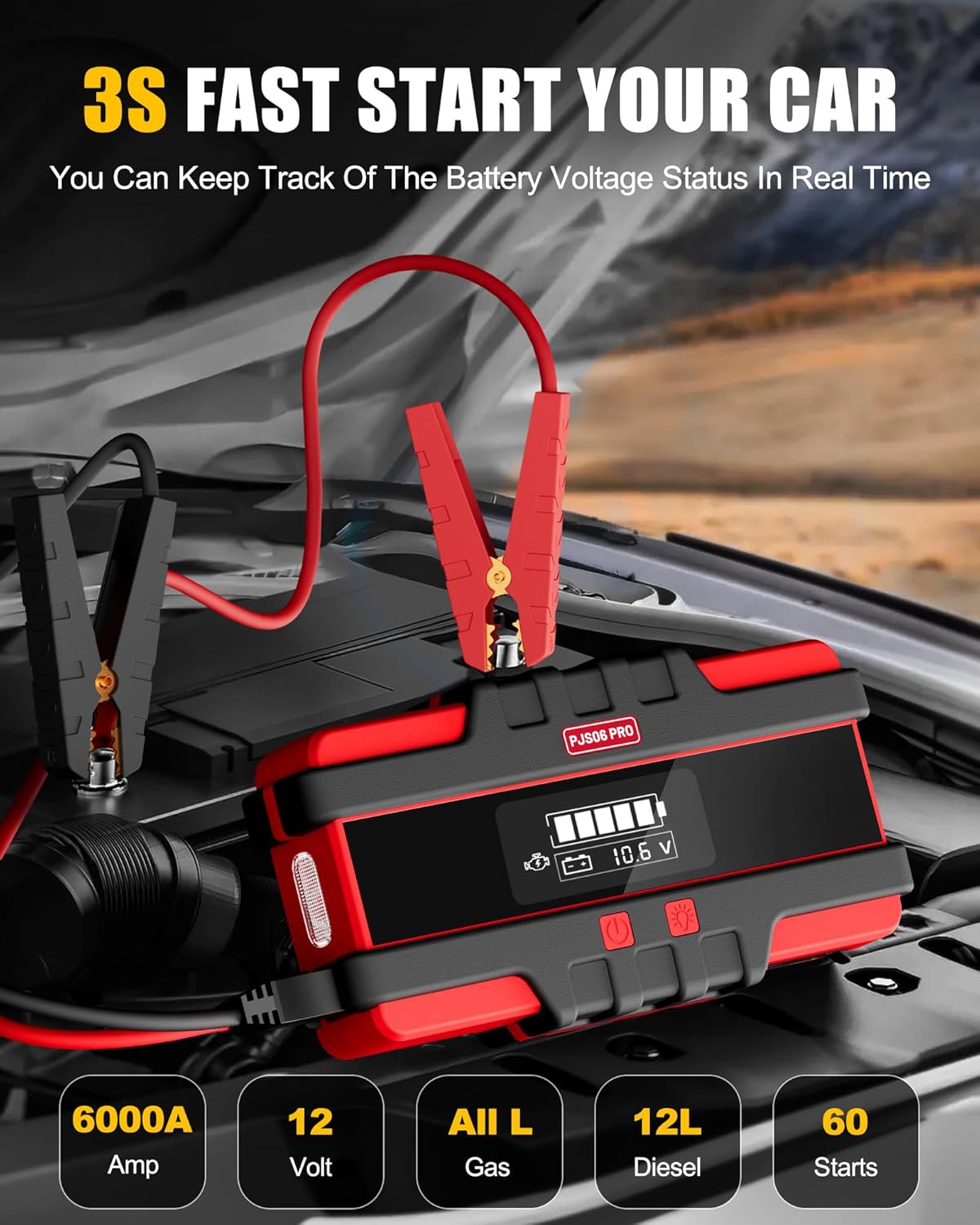 6000A Car Jump Starter (All Gas & 12L Diesel), 74Wh Portable Power Bank with 40W Fast Charge, Smart LCD Display, Red Warning Light