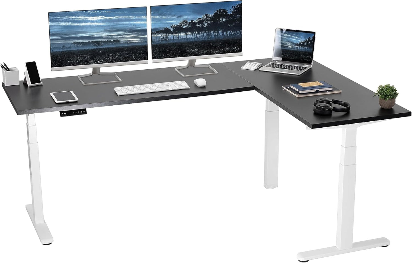 VIVO Electric Height Adjustable 83 x 60 inch Corner Stand Up Desk, 2 Light Wood Solid Table Tops, White Frame, Memory Controller, L-Shaped Workstation, 3E Series, DESK-KIT-3E8C