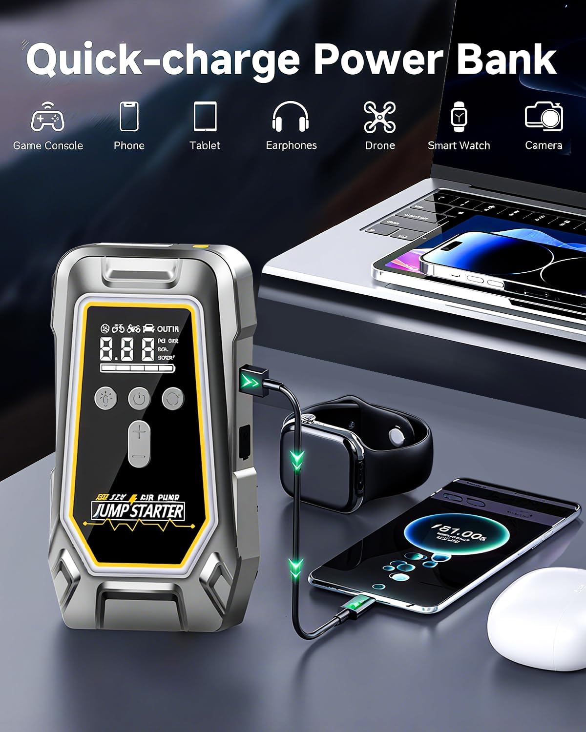 Tire Inflator Air Compressor - 3X Faster Inflation, 150PSI Air Pump for Car Tires with Digital Pressure Gauge, LED Light Cordless Pump for Car Starting, Motorcycle, Bicycle, Balls