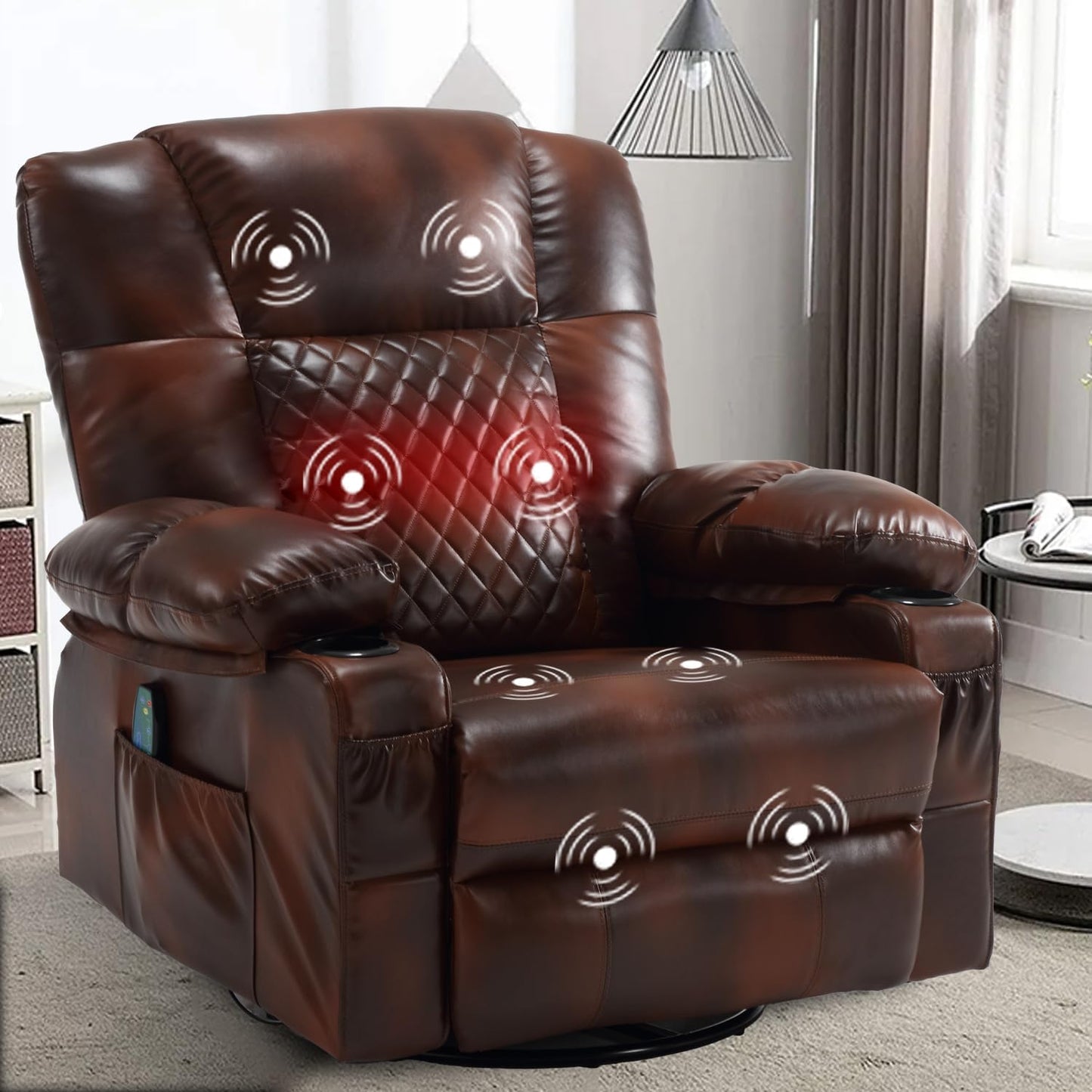 Swivel Rocker Recliner Chair for Adults with Vibration Massage, Overstuffed Soft Fabric Recliner with Lumbar Heat, Modern Manual Rocking Recliner with Cup Holders, for Living Room, Home Theater, Grey