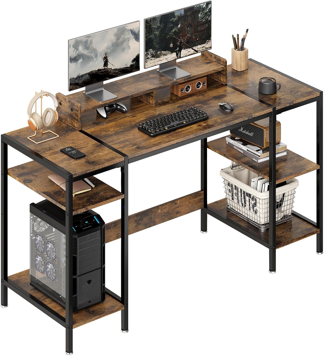 55 inch Grey Computer Desk Gaming Desk with Monitor Stand, Home Office Desk for 2 Monitors, Writing Desk with Adjustable Storage Space,Sturdy and Durable Modern Small Desk