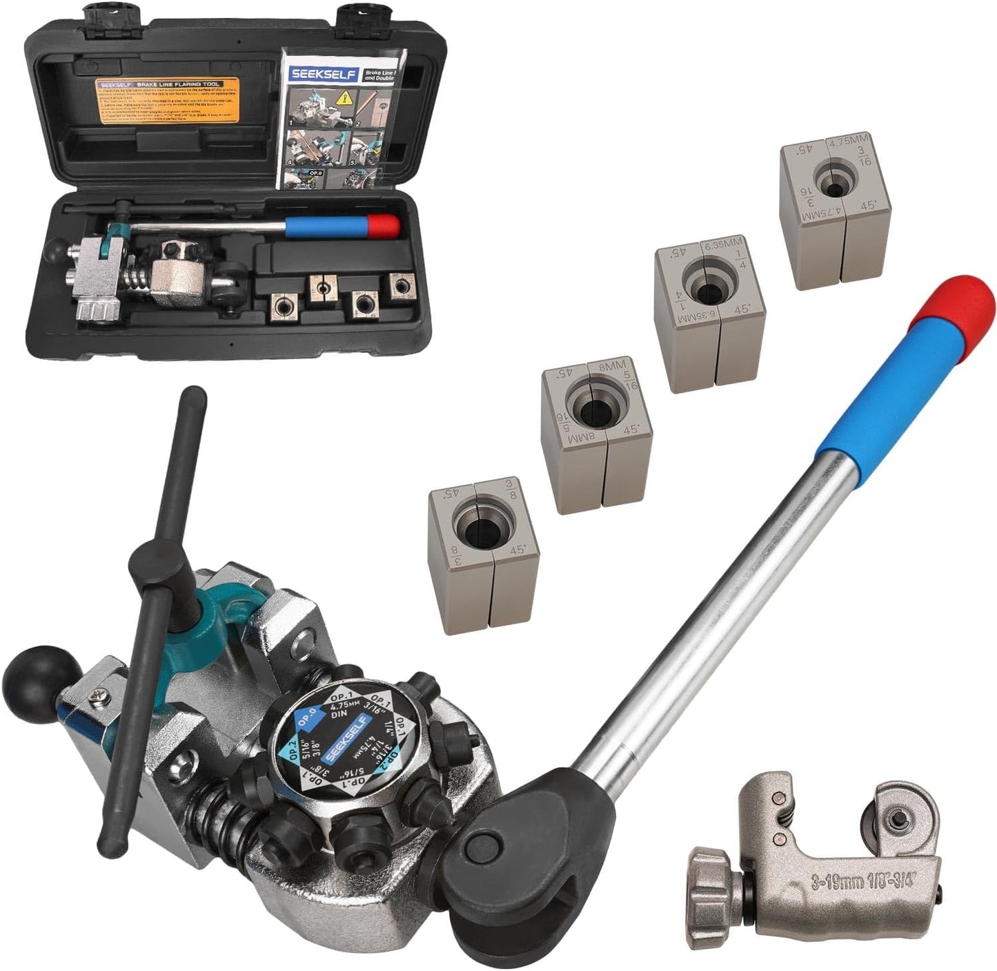 Brake Line Flaring Tool Kit for 45 Degree Single, Double and Bubble Flares, 3/16", 1/4", 5/16", 3/8" and 4.75mm Steel Copper Metal Tubing, with Tubing Cutter, Black