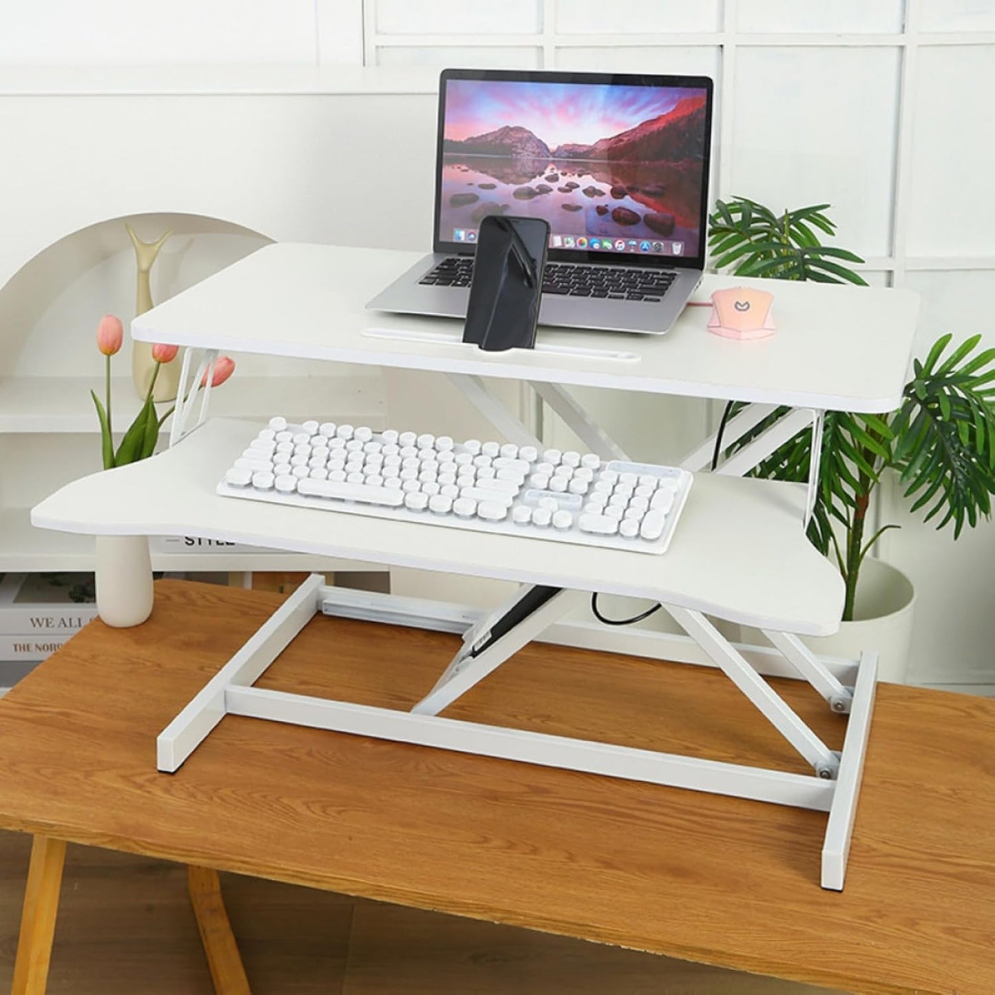 32 Inch Home Office Desk Converter Height Adjustable Sit to Stand Riser, Dual Monitor Laptop Workstation with Wide Keyboard Tray (Black)