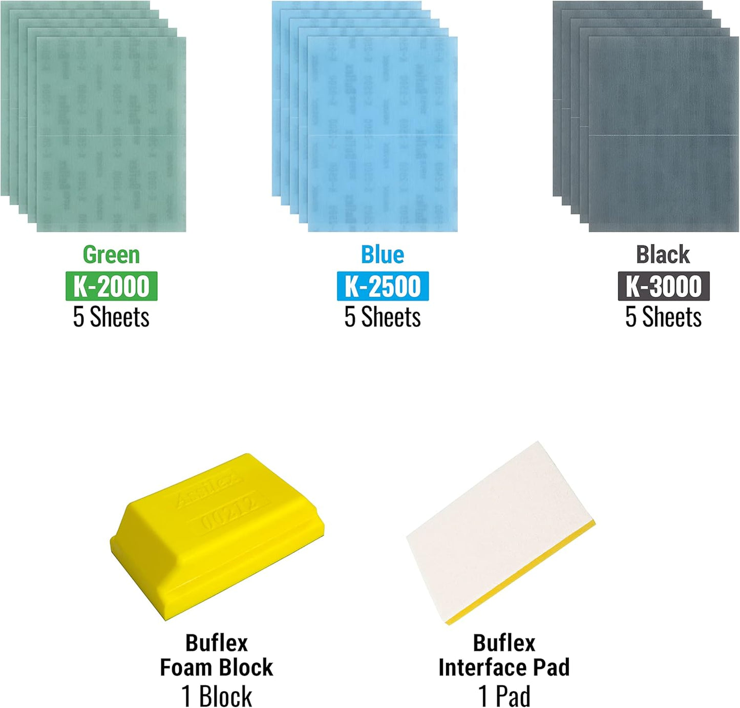 Super Buflex Flexible Polishing Sheets Starter Kit, SP19160, K2000 - K3000, 15 Sheets + 1 Interface Pad + 1 Hand Block