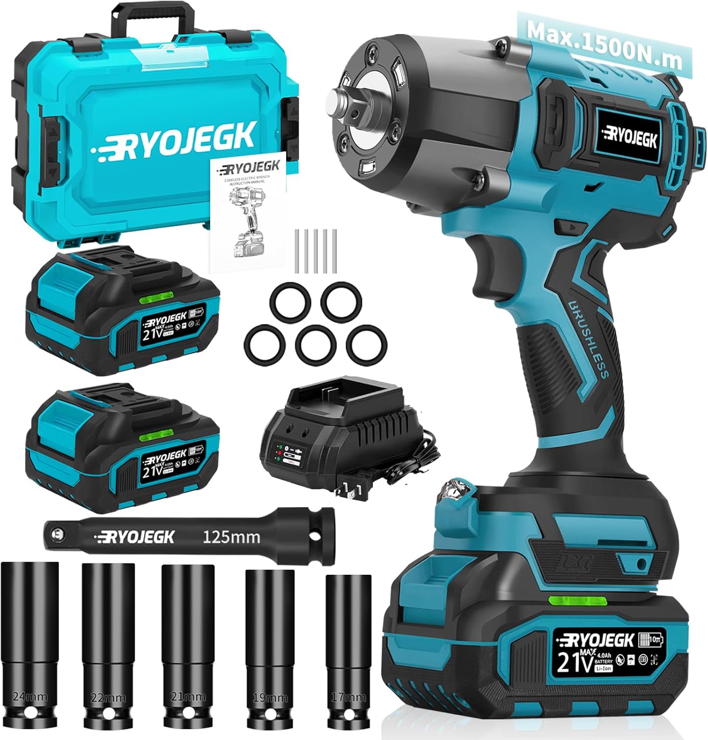 1500N.m Impact Wrench,1107Ft-lbs 1/2" Cordless Impact Gun,High Torque Brushless Power Impact Driver 3-Mode Speed with 2×4.0Ah Battery,Pistola de Impacto Set for Car Tire Truck RV Mower
