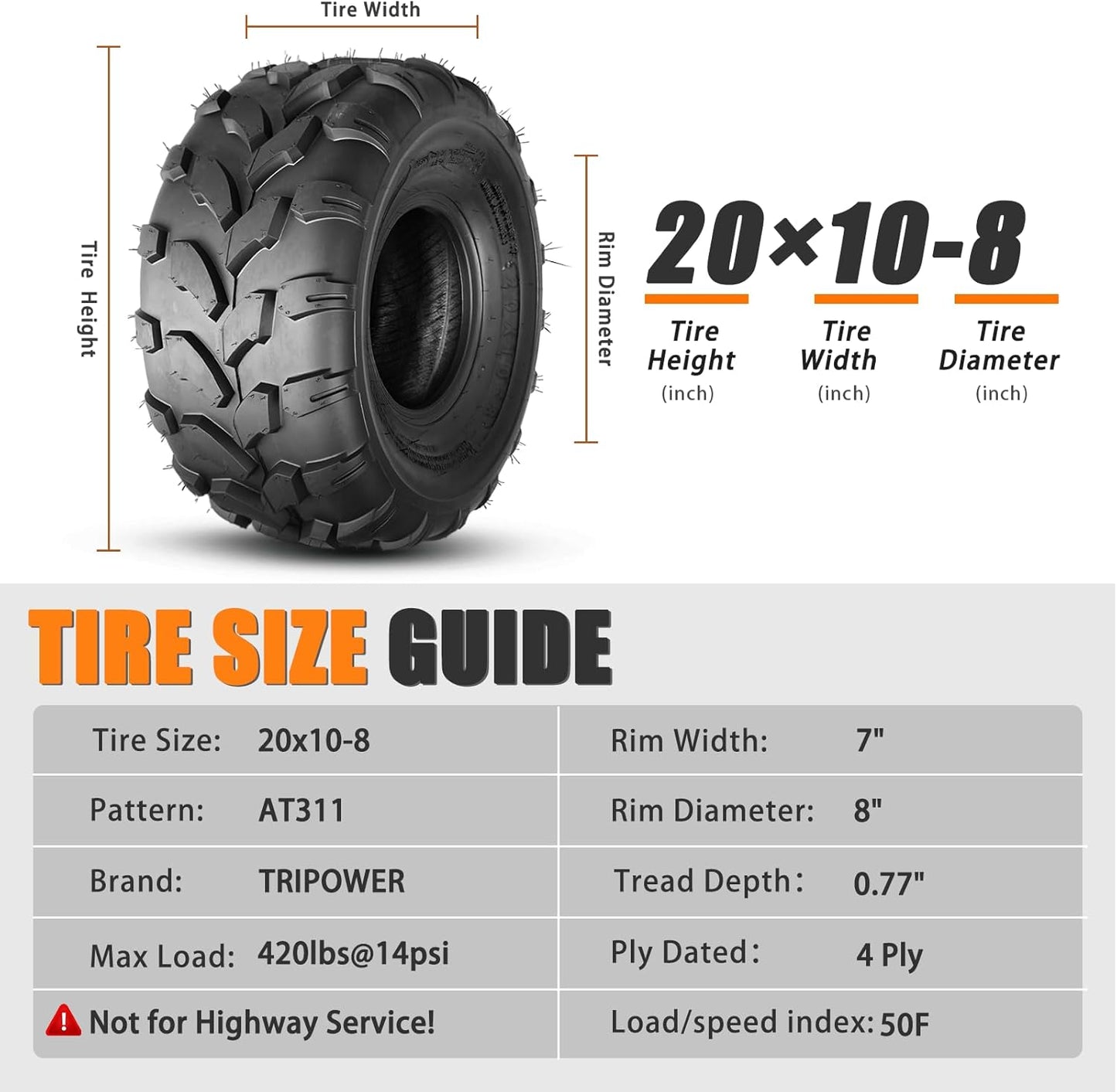 TRIPOWER ATV/UTV Tires 20x10-8 All Terrain 20x10x8 Off-Road Mud Lawn-Mowers Tires, 4 PR, Set of 2