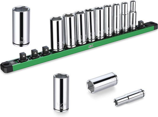 SK 3/8" Drive Socket Set, Deep SAE Sockets, 13-Piece 1/4" to 1", SuperKrome Finish, Premium CR-V Construction, with Aluminum Socket Organizer