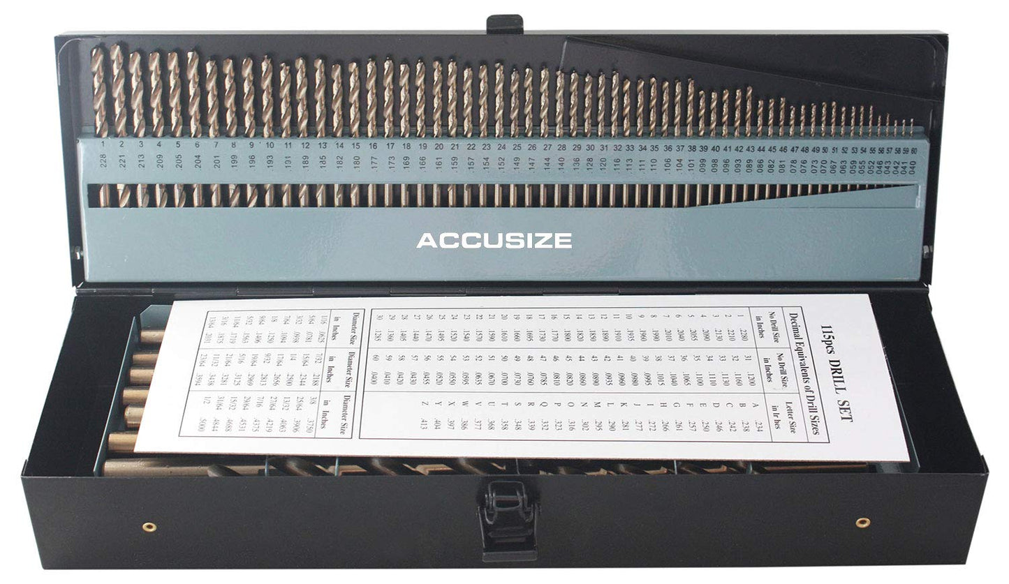 Accusize Industrial Tools - 115 Pc M35 H.S.S. Plus 5% Cobalt Drill Bit Set, Professional, 135° Split Point, Sizes 1/16'' to 1/2'', #1-60, A-Z, 0422-1003
