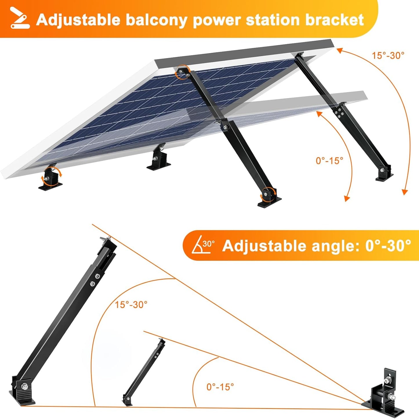 Solar Panel Mount, Aluminum Alloy Adjustable Solar Panel Tilt Mount Brackets, Black Baking Paint Anti-Corrosion Solar Panel Stand Suitable for 50W 70W 100W 150W 200W 300W 400W
