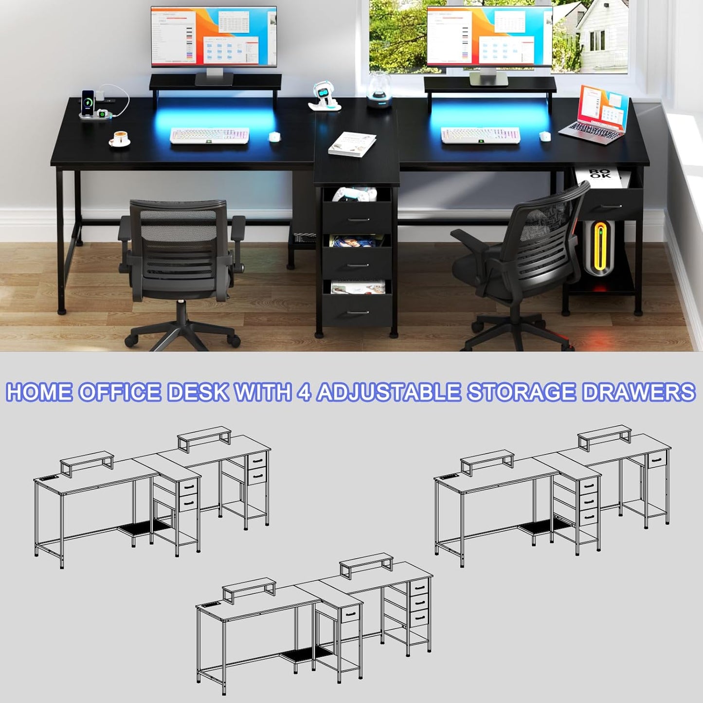 93 Inch 2 Person Desk with Power Outlet & LED Light, Extra Long Double Desk with 2 Monitor Stands, Large Home Office Desk for Two People with 4 Adjustable Storage Drawers, Black