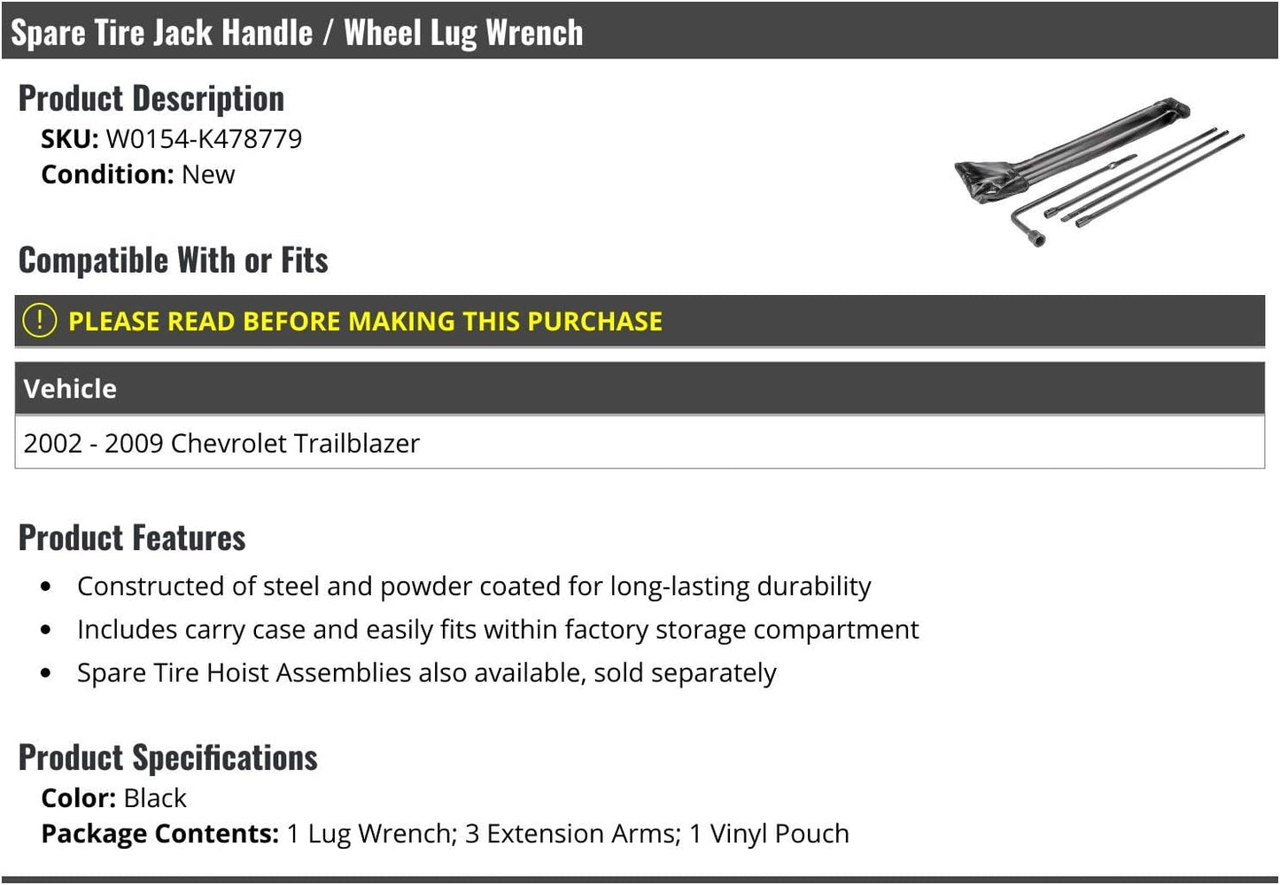 Spare Tire Jack Handle/Wheel Lug Wrench - Compatible with 2002-2009 Chevy Trailblazer