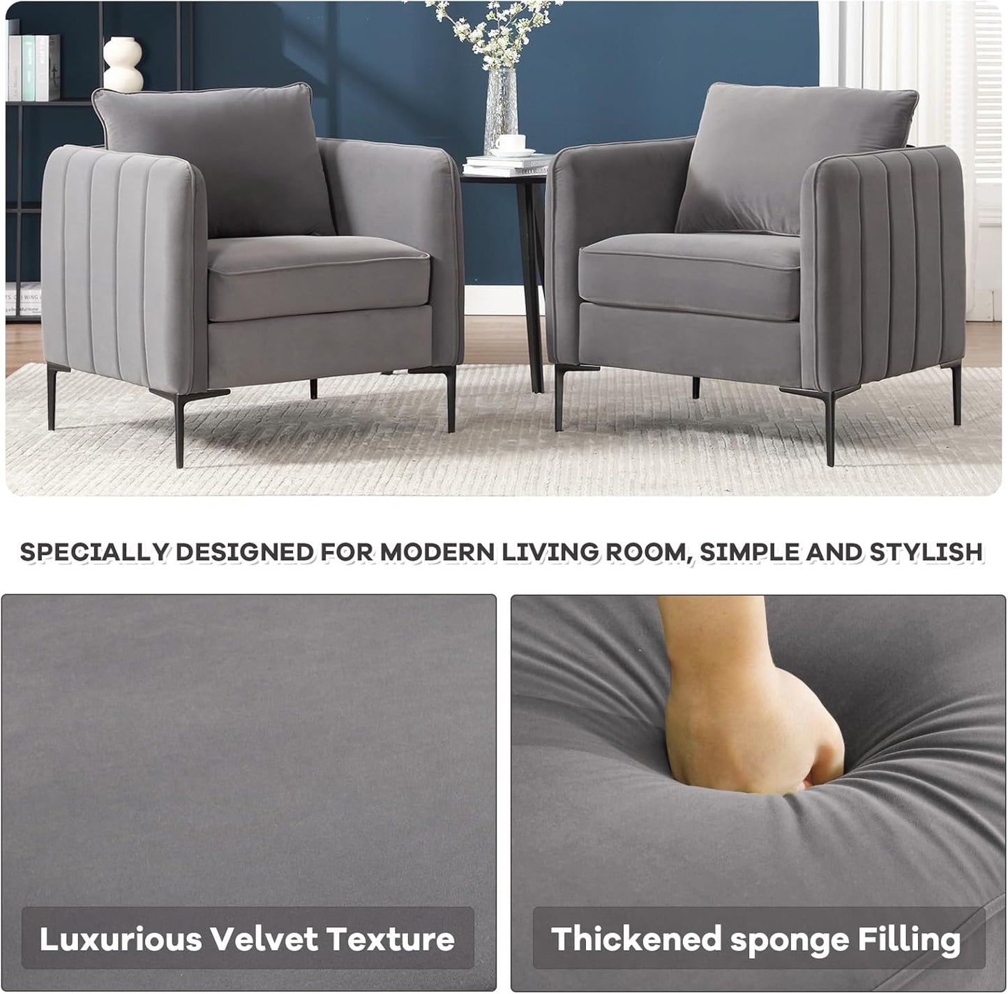 Accent Chair Set of 2 for Living Room, Velvet Comfy Single Sofa Chair Mid-Century Modern Armchair with 1 Pillow and Metal Legs for Bedroom Office Reading (Gray)