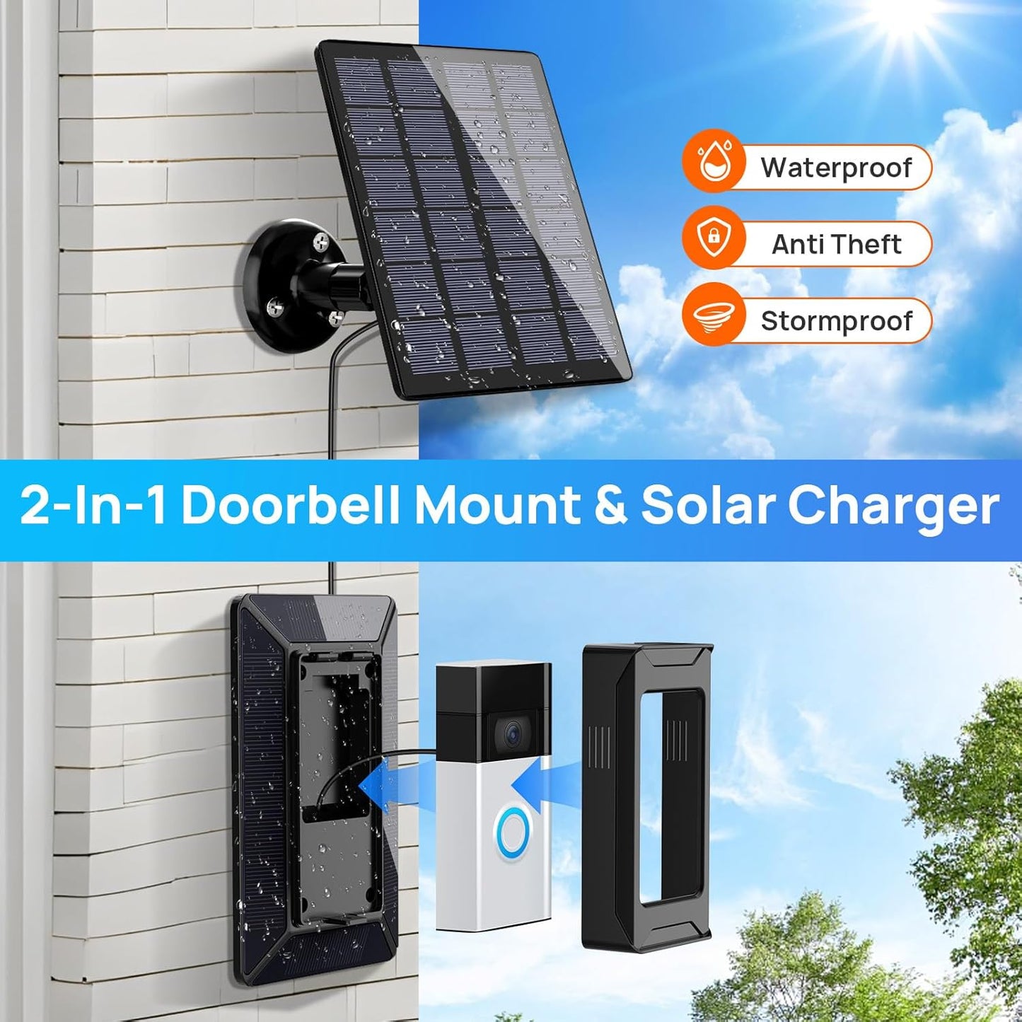 Solar Charger for Ring Doorbell, 2-in-1 with Mount Stand, Compatible with Ring Battery Doorbell 3/4/3 Plus, Ring Battery Doorbell Pro/Plus (2020/2021/2023)