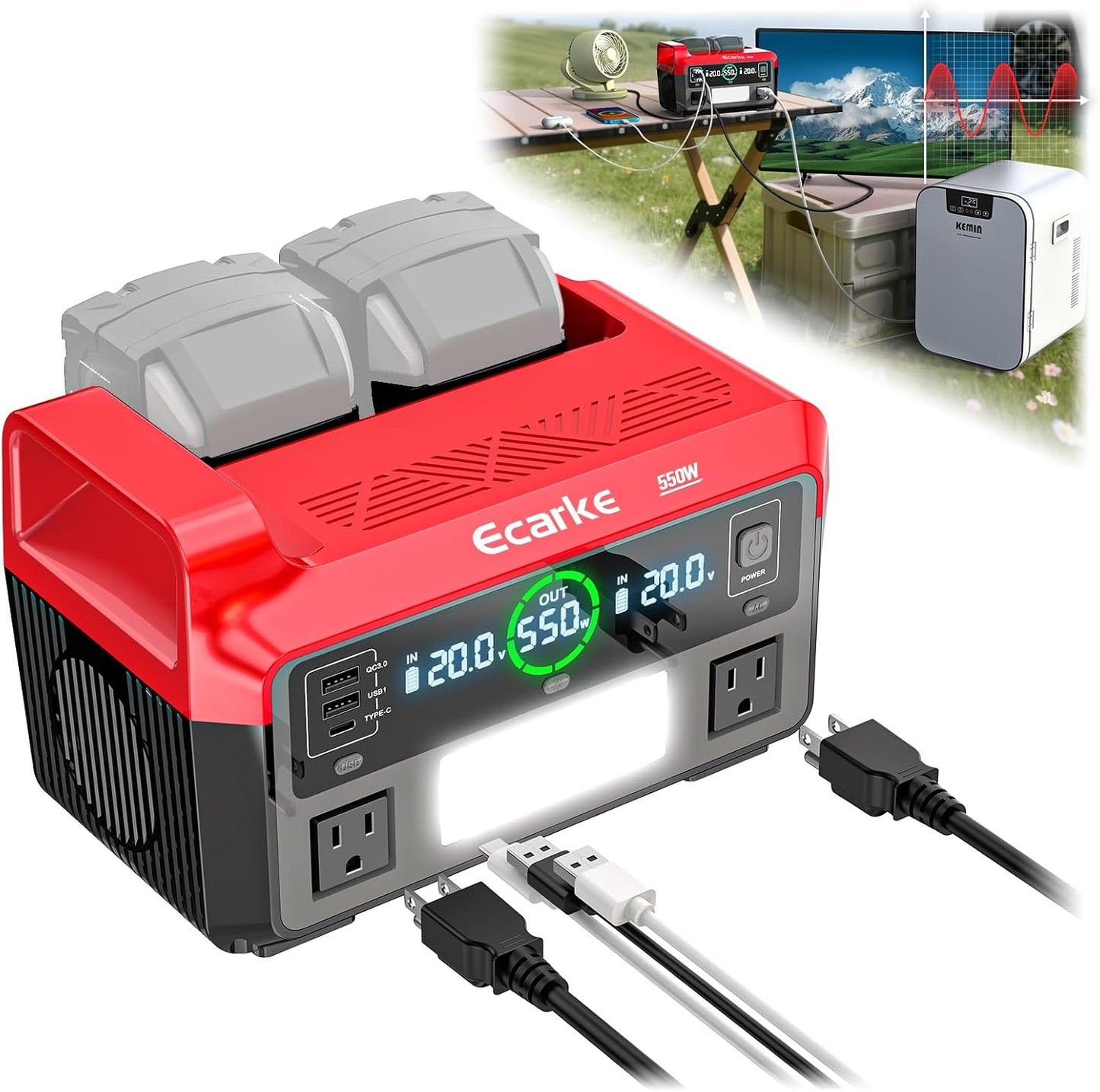 350W Power Inverter Compatible with DeWalt 20V Batteries: Ecarke Portable Power Outlet 2 AC Outlets 2 USB Phone Charger 2 Type-C, Generator DC 18V to AC 110V - Battery Adapter LED Light RGB Light