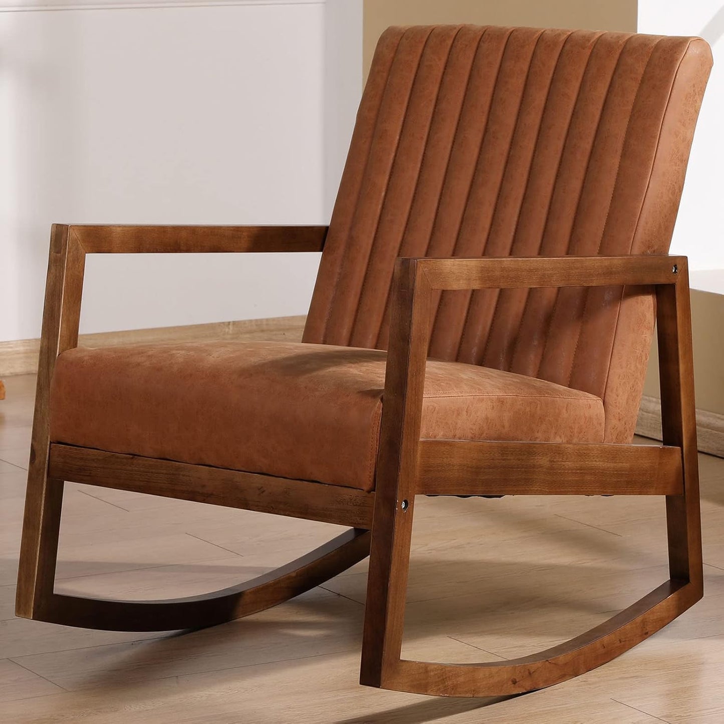 VESCASA Upholstered Linen Rocking Chairs with Channel-Tufted Back, Mid-Century Modern Comfy Rockers with Light Walnut Wood Frame for Nursery Living Room Bedroom Reading, Set of 2, Grey