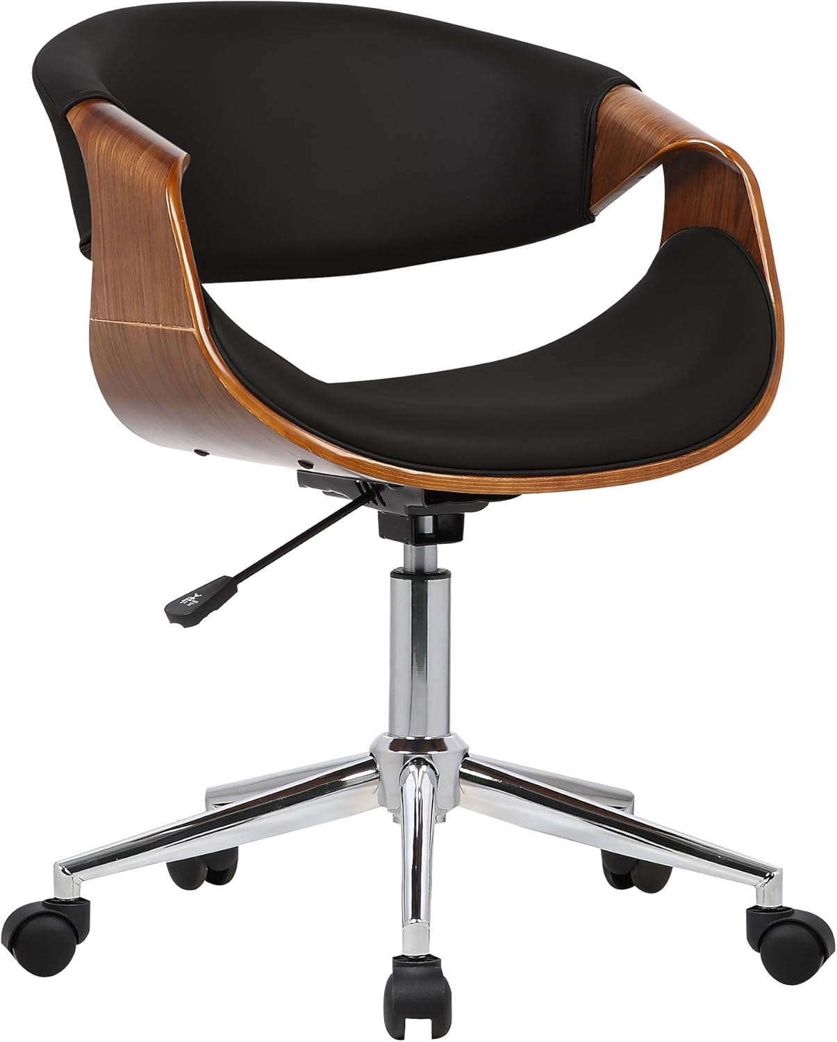 Armen Living Century Office Chair in Black Faux Leather and Walnut Wood, Chrome Finish