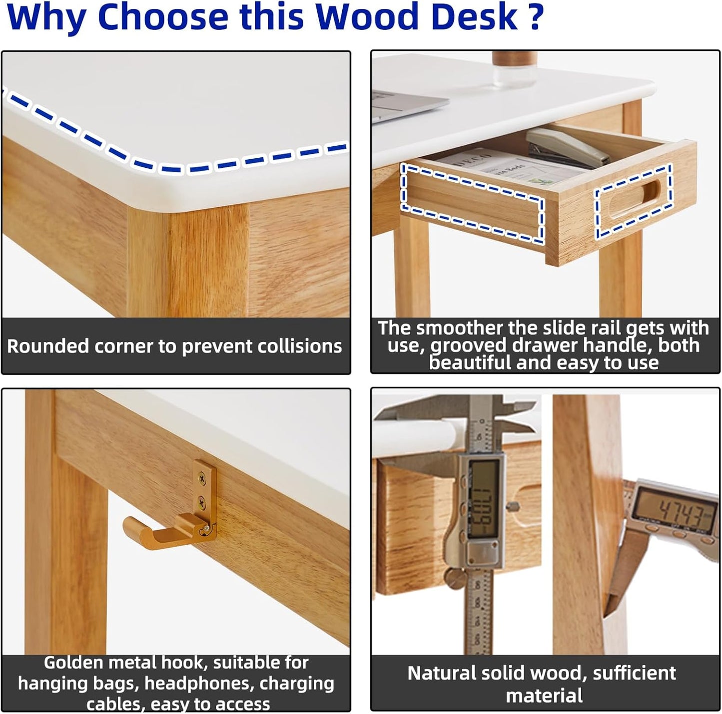 Small Computer Desk Table, Wood Writing Desk with Drawers and Hooks, 39x22x30inch Work Study Table, Wooden Dining Table White + Natural Wood Legs YD-WD02WN