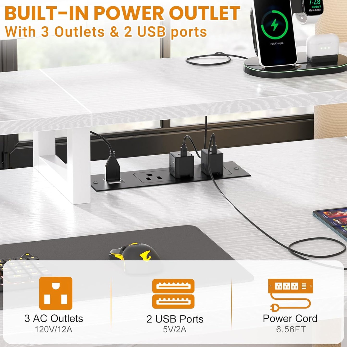 Aheaplus Gaming Desk with LED Lights and Power Outlets, 59 inch Computer Desk with Fabric File Drawers, Home Office Desk with Monitor Stand and Storage Shelves, White