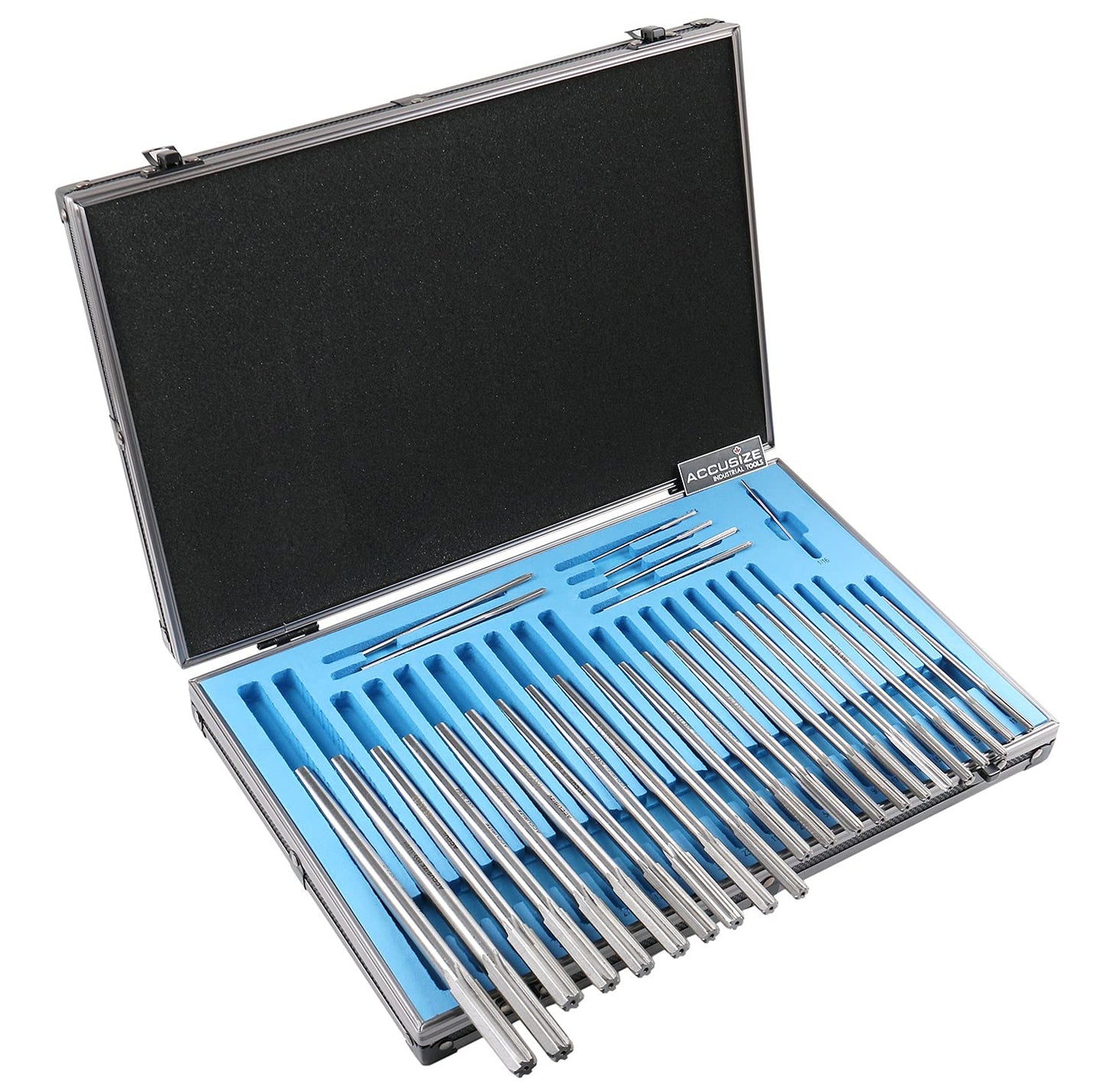 Accusize Industrial Tools 29 Pc Set 1/16 to 1/2 inch by 1/64 in HSS M2 Premium Chucking Reamers, Straight Flute, Aluminum Case, 5528-SF00