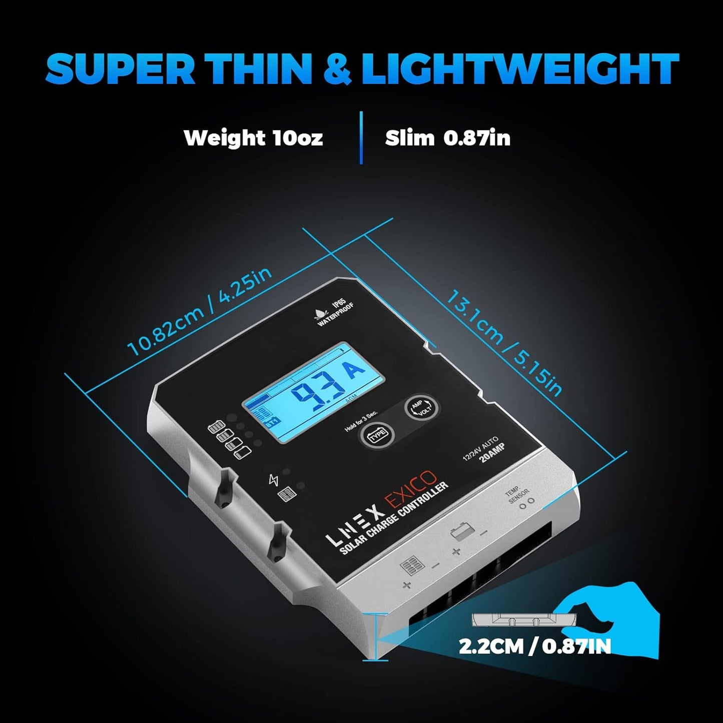 Solar Charge Controller Waterproof, 20A Super Thin Solar Panel Battery Intelligent Regulator with LCD Display 12V/24V PWM Solar Controller for LiFePO4,AGM, Gel, Flooded and Lithium Battery