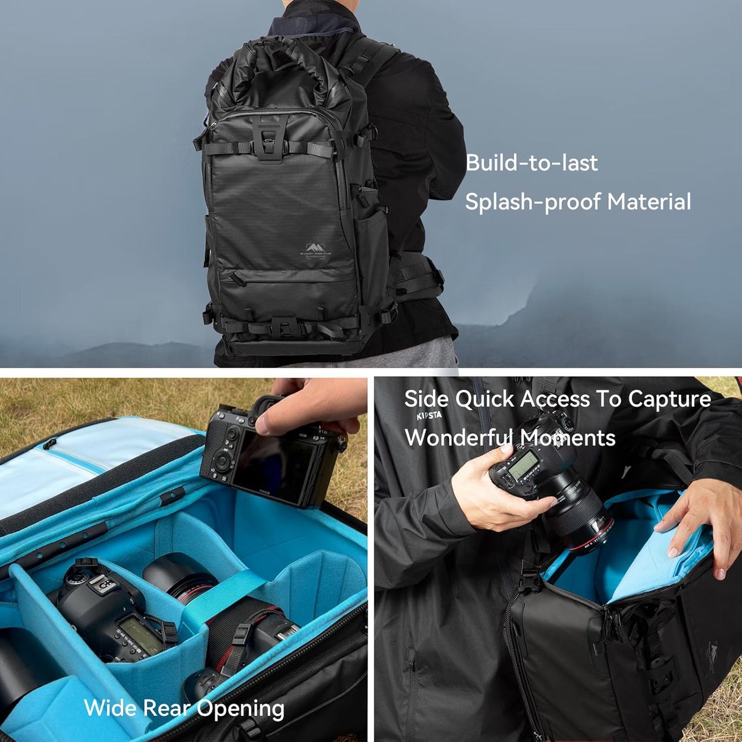 Tenzing 40 liter Water Resistant Camera Backpack 16 inch Laptop Compartment with Rain Cover Fits DSLR, SLR, Drone, Mirrorless Cameras, Batteries, Lenses,Tripod Black