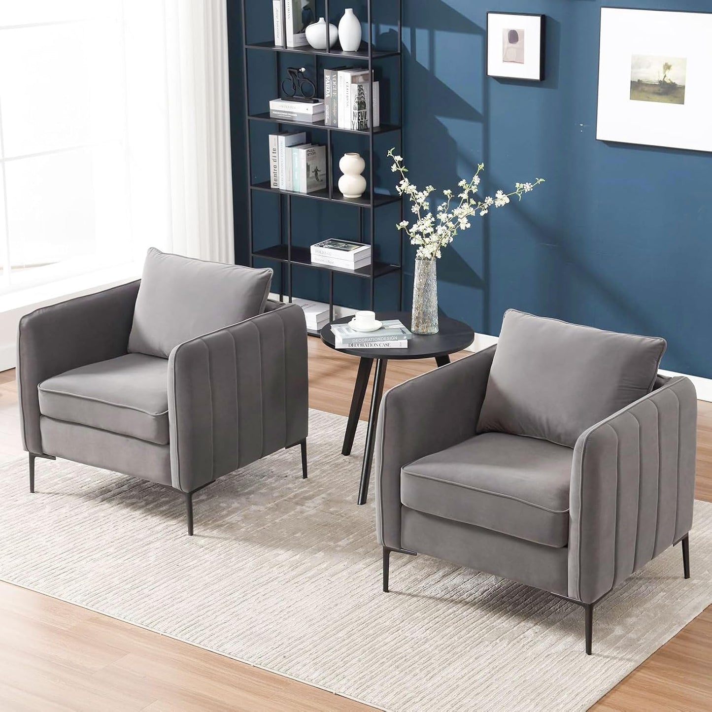 Accent Chair Set of 2 for Living Room, Velvet Comfy Single Sofa Chair Mid-Century Modern Armchair with 1 Pillow and Metal Legs for Bedroom Office Reading (Gray)