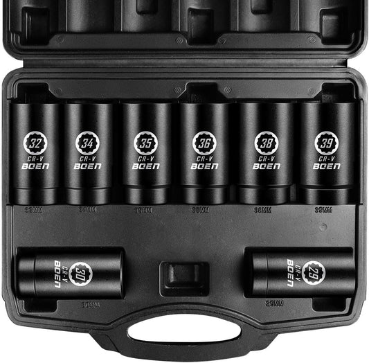 BOEN 8-Piece 1/2" Drive Deep Impact Socket Set, 12-Point Metric Spindle Axle Nut Large Socket Set, (29 mm, 30 mm, 32 mm, 34 mm, 35 mm, 36 mm, 38 mm, 39 mm), Chrome Vanadium Steel