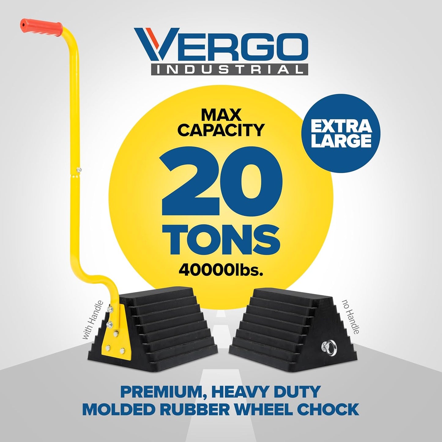 Vergo Industrial Extra Large Wheel Chock 2-Pack - Heavy Duty Molded Rubber XL Wheel Chock for Trucks, Trailers, RVs or Large Freight Equipment - Max Weight Capacity 20 Tons / 40,000 lbs (No Handle)