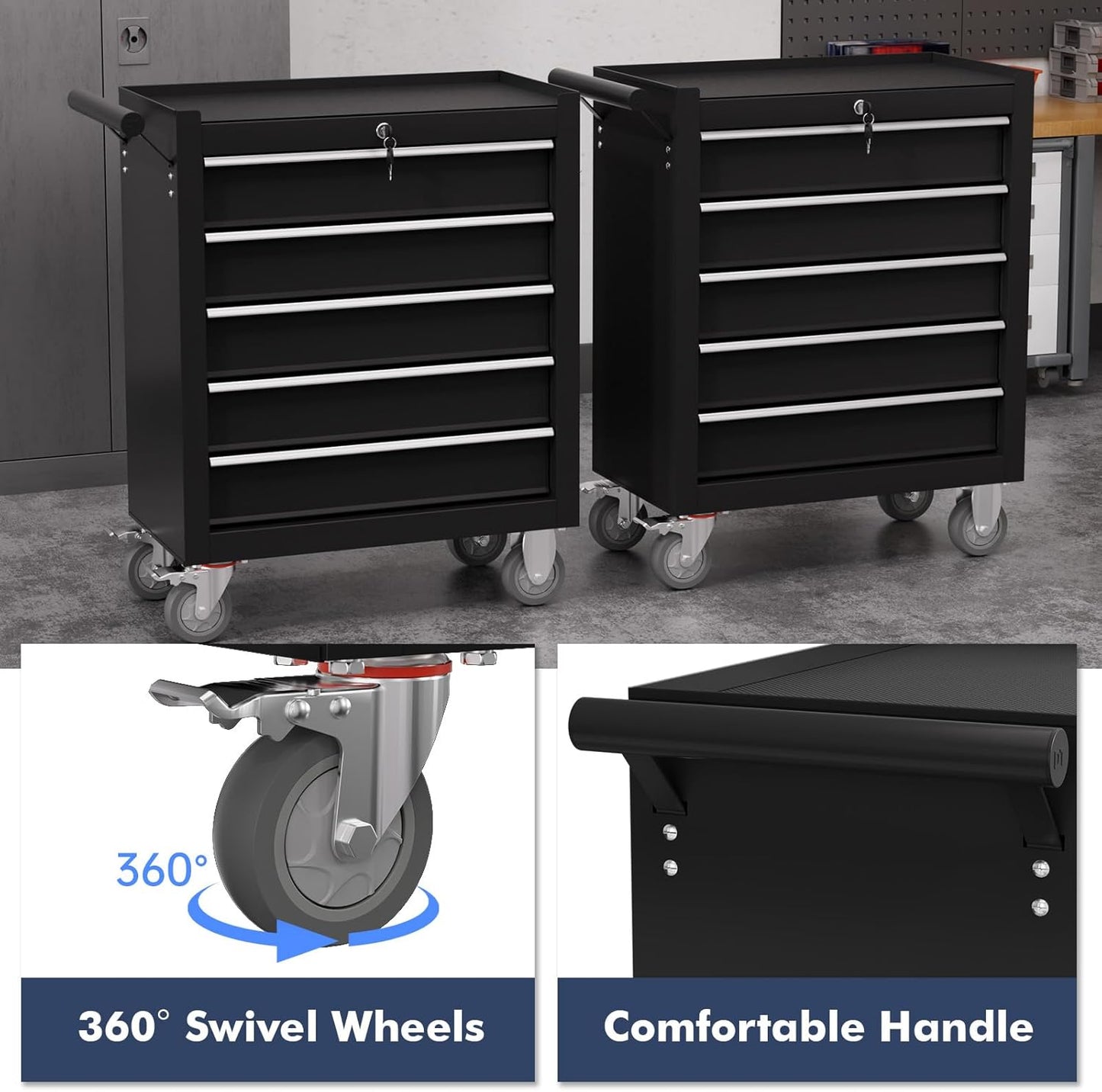 5-Drawer Tool Chest,Rolling Tool Cart with Wheels,High Capacity Tool Cabinet with Locking System for Garage, Warehouse, Workshop-Black