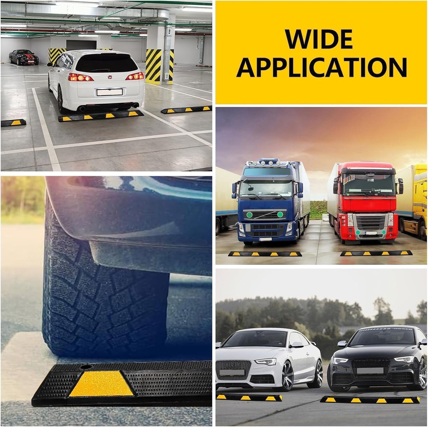 2 Pack Rubber Curb Parking Garage Floor Stopper, 72.8 in 55000 LBS Capacity Extra Wide Rubber Parking Lot Stopper with 8 High Reflective Yellow Safety Stripes for Vehicles Truck Driveway
