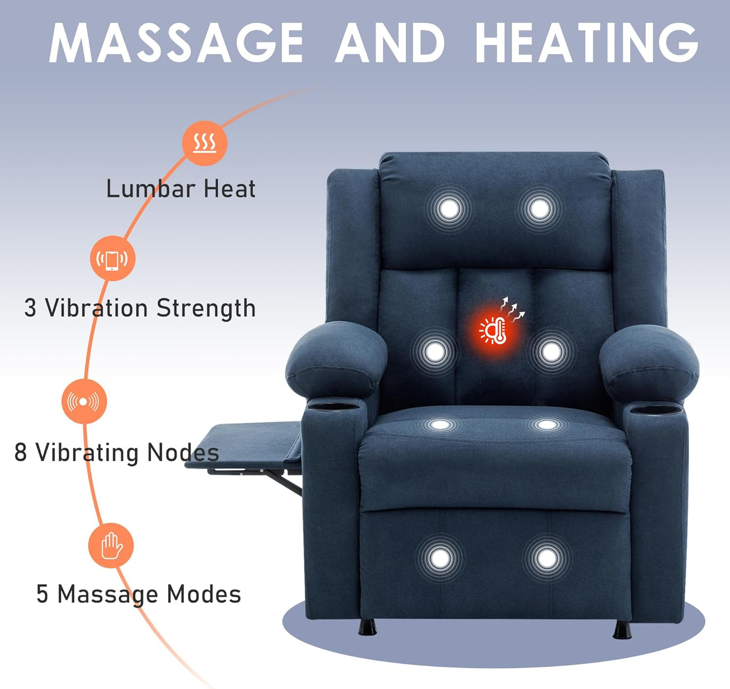 Andeworld Power Recliner Chair,Reclining Sofa Chair with Heat and Massage for Adults, Upholstered Heating Point Theater Seating Single Sofa with Side Pockets Sidetable for Living Room, Blue